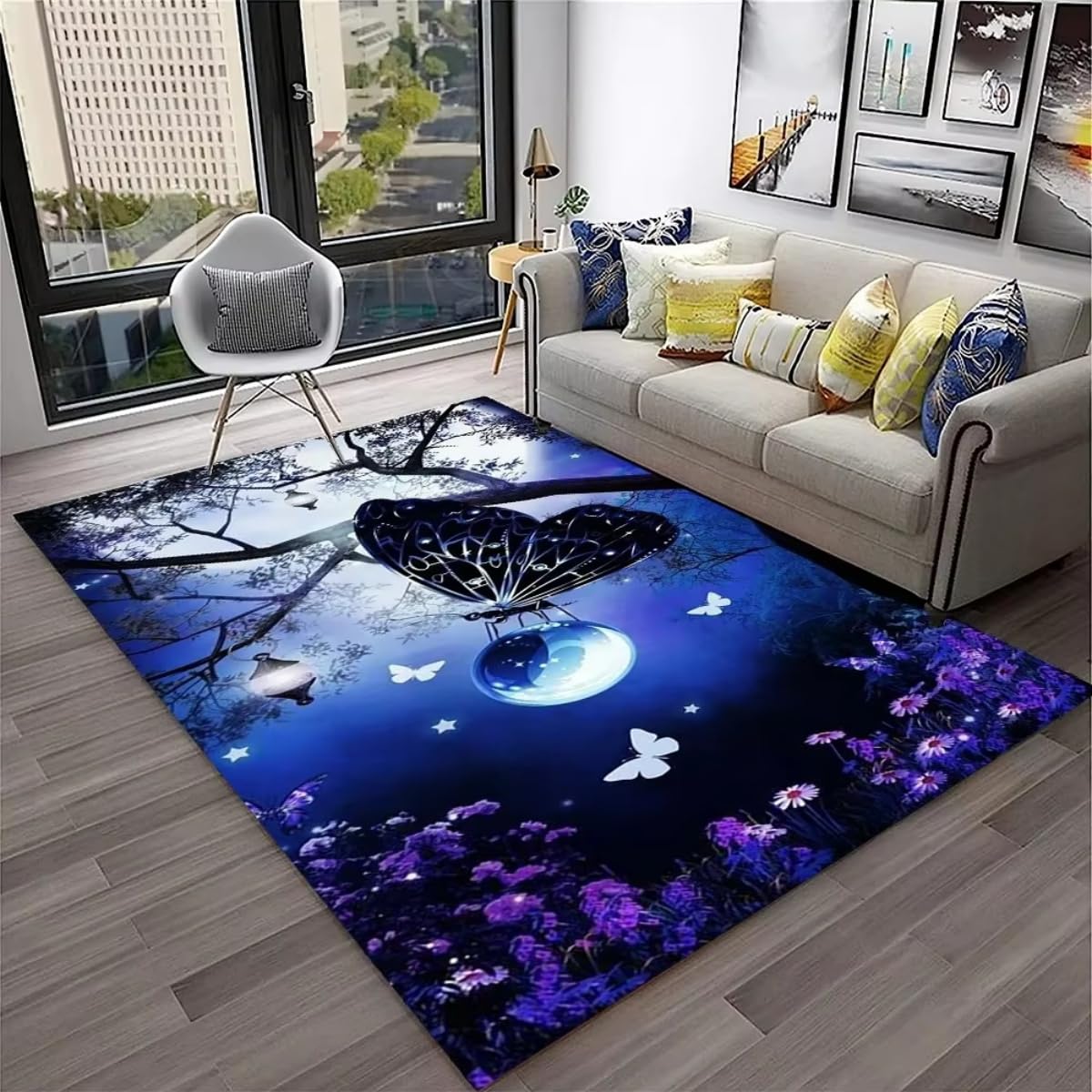 Tapis flanelle fleurs papillons 3D doux 160x200 cm tapis salon bleu