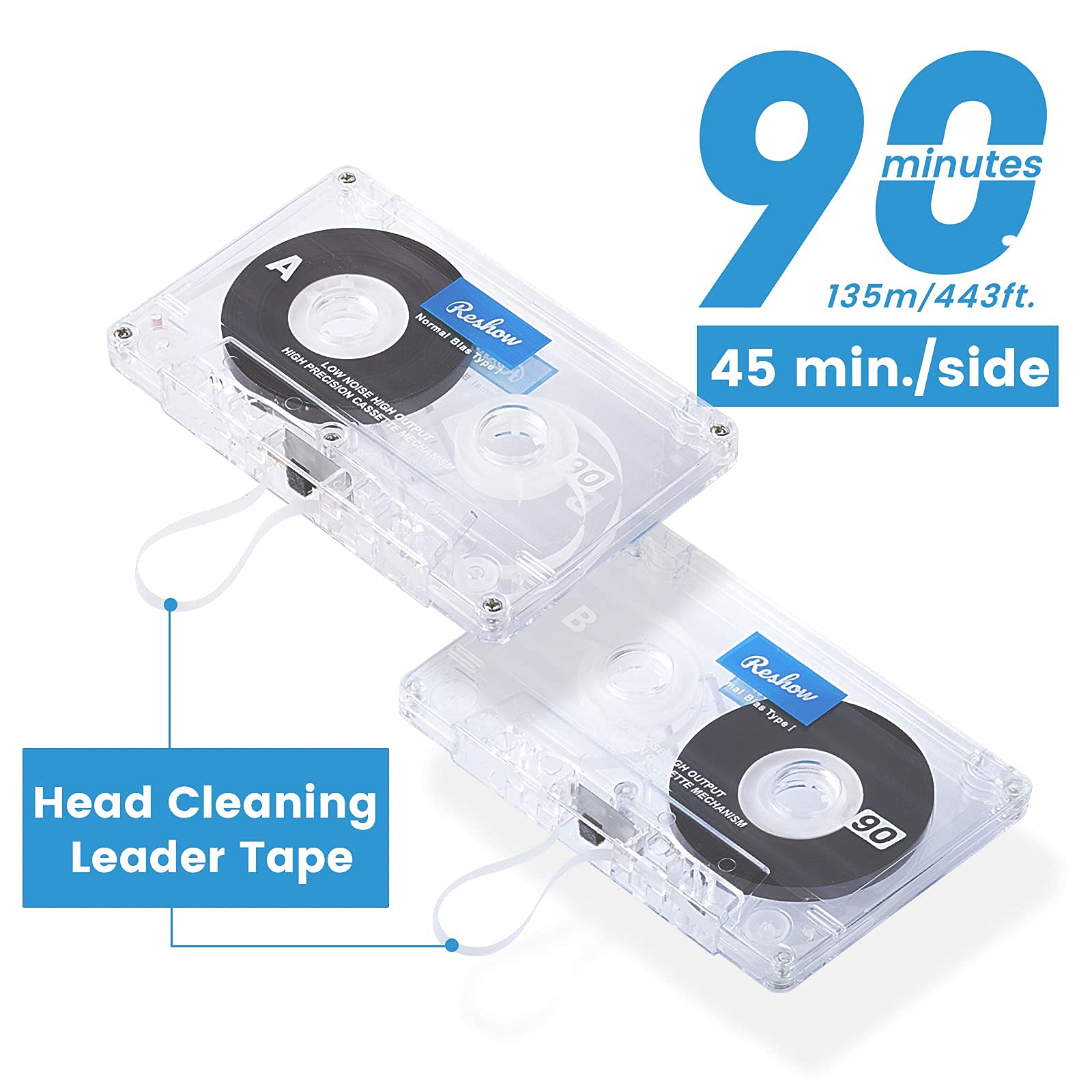 Lot de 5 Cassettes Audio 90 Minutes, Faible Bruit, Haute Puissance, Étui Plastique Transparent pour Enregistrement