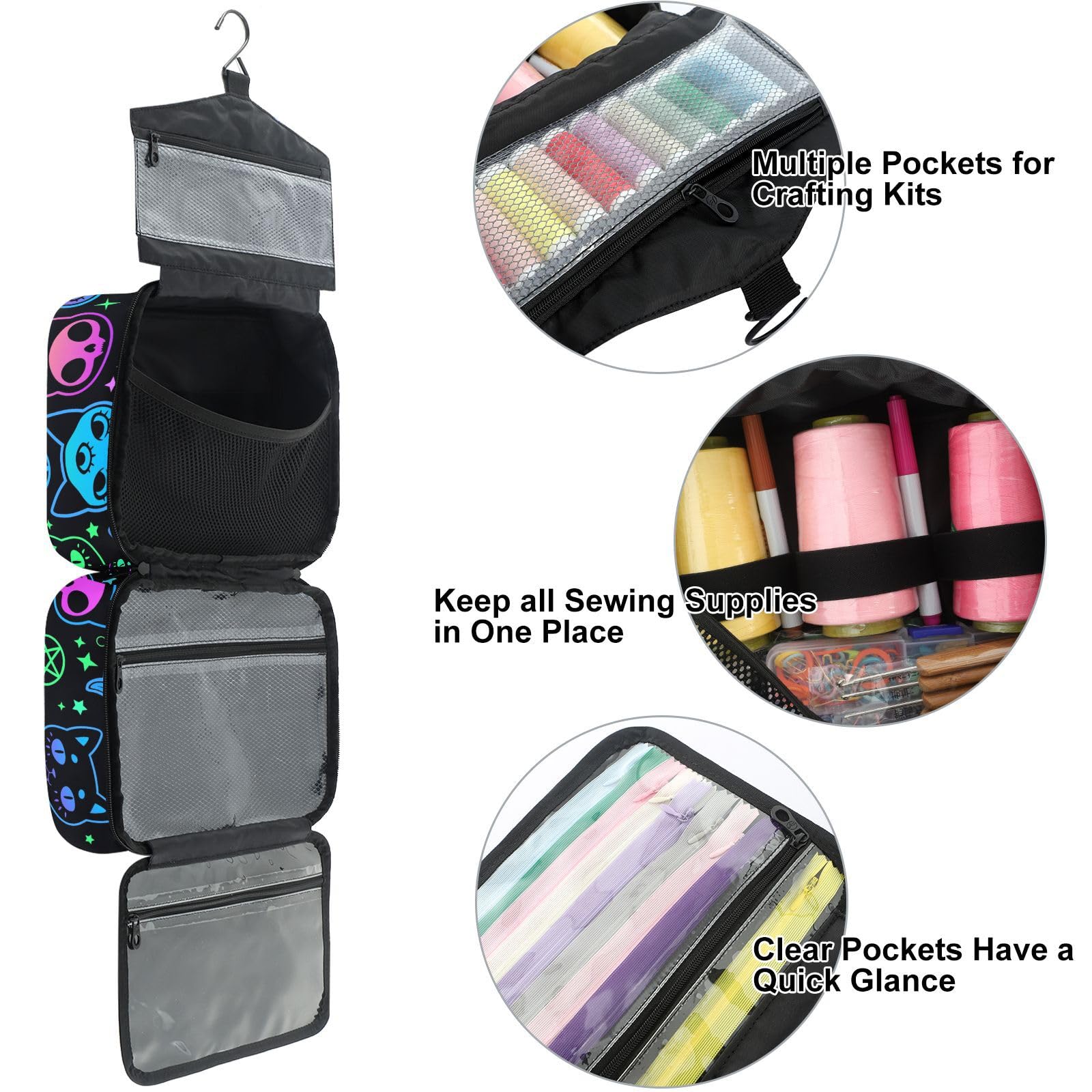 YNNALE Sewing Supply Organizer Bag, Black Cute Cat Harajuku Y2k Portable Sewing Bags with Pockets&Hanger, Sewing Storage Box Case for Sew Supplies/Kit/Tools/Accessories (BAG ONLY)