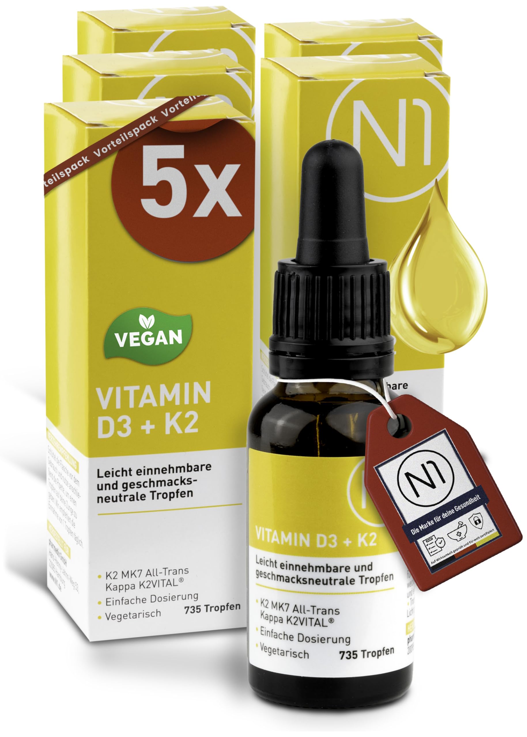 N1 Vitamin D3 K2 Tropfen 5x20ml - Hochdosiert & Optimal Dosiert | Premium mit 99,7% All-Trans K2VITAL von Kappa und bioverfügbarem D3 - für Knochen, Zähne und Immunsystem, ohne Zusätze