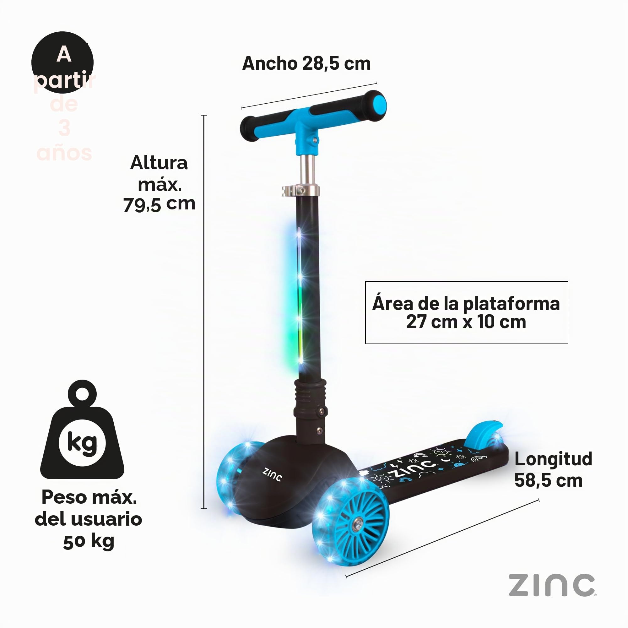Zinc T-Motion Shine - Patinete para niños a partir de 3 años, plegable de tres ruedas para niños y niñas con cubierta y ruedas con luz LED, manubrio ajustable, controles de inclinación y dirección,