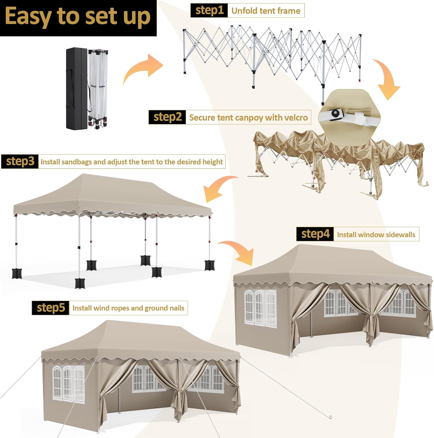 TLSUNNY 10×20 Heavy Duty Party Tent, Outdoor Wedding Canopy Tent W/Carry Bag, 4 Sidewalls & 2 Zipper Door, 6 Sandbags, Gazebo Shelter W/Stakes & Ropes, for Patio, Event, BBQ, Garden, Camping (Khaki)