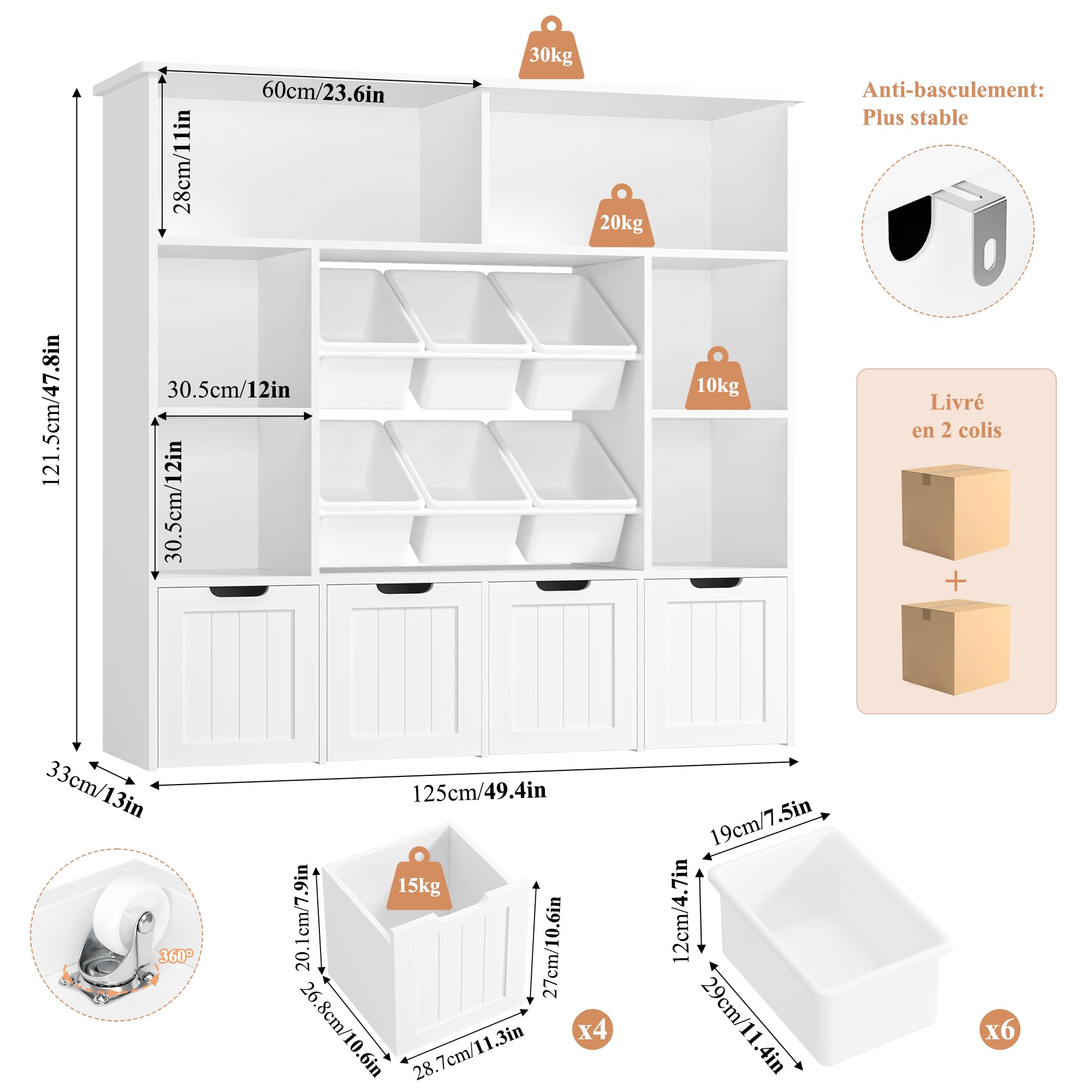 FOREHILL Meuble Rangement Enfant Bibliothèque Enfant Tiroir Roulant Blanc | Rangement jouet enfant et livres | 125x33x121cm | 7 étagères 6 boîtes amovibles | Meuble pour chambre enfant salle de jeu
