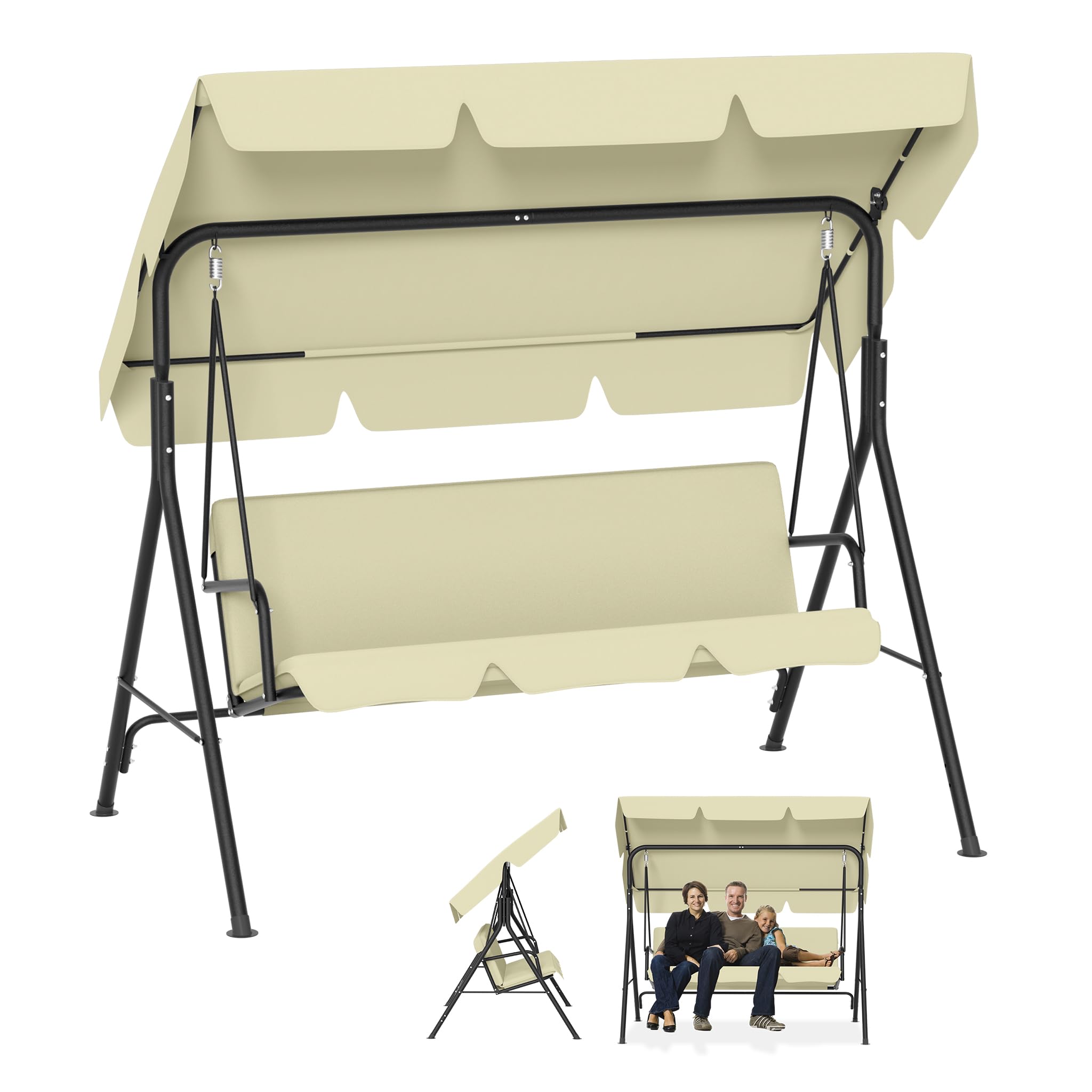 YRHome Balancín de jardín de 3 plazas beige con toldo ajustable, columpio de jardín de hasta 200 kg, resistente a la intemperie, con cojín cómodo y pies antideslizantes, para jardín, balcón, 193 x 110