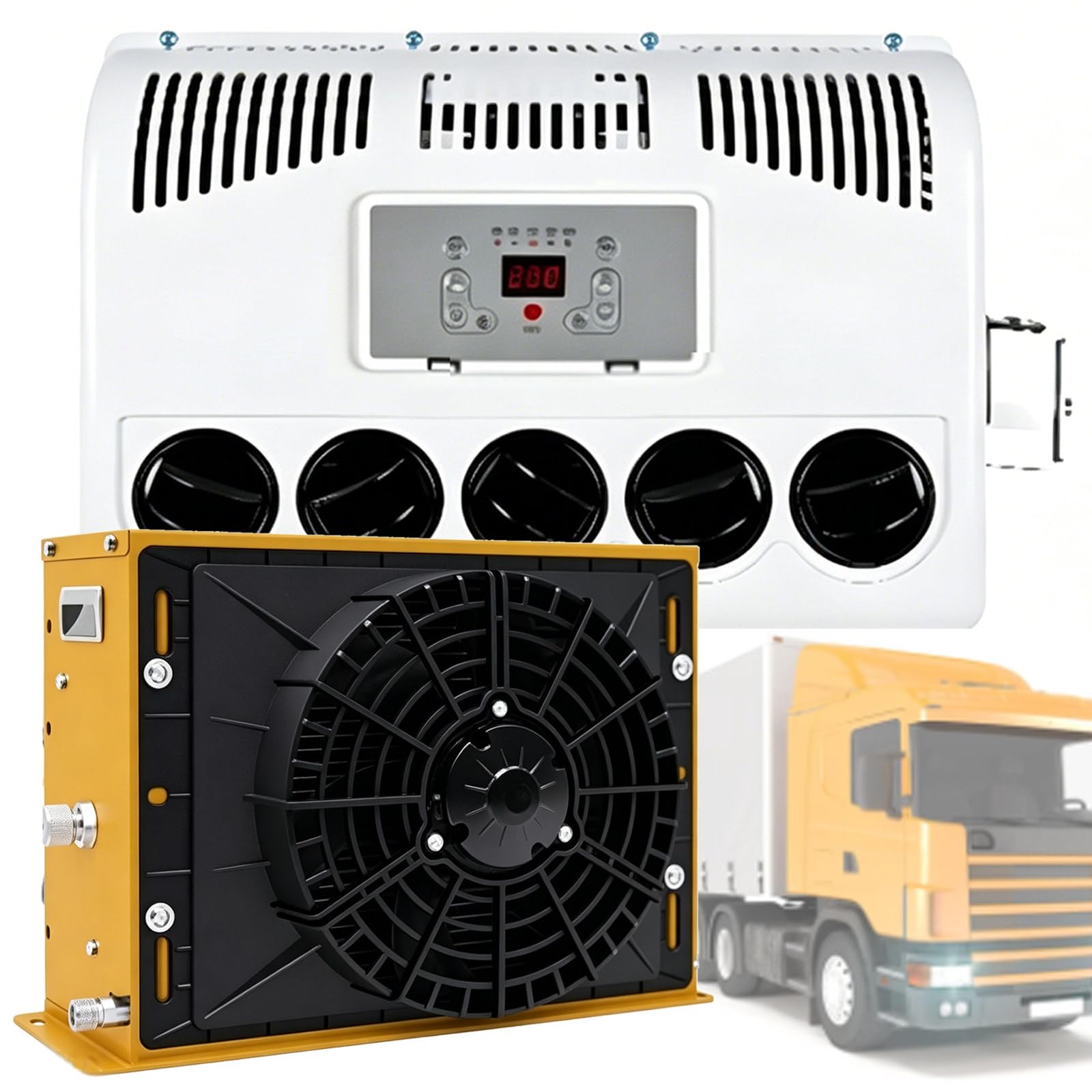 Osnzyc Yellow Split 12V/24V Air Conditioner, Universal Electric Rv Truck Cab Air Conditioner,No Fuel Consumption Cooling Ac Unit, For Sleeper Truck,Enclosed Trailer, Tractor, Loader -24V