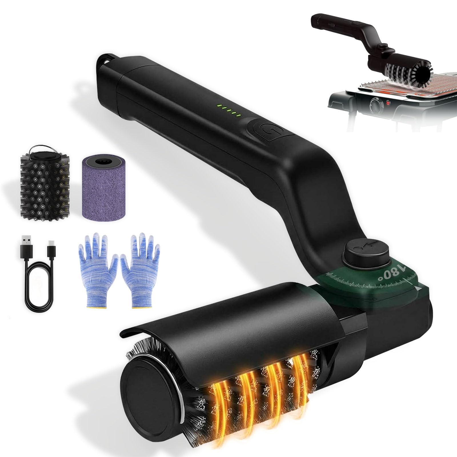 Spazzola Elettrica per Barbecue con Braccio a 180°, 2 Testine, Ricaricabile Senza Fili – Pulisce Griglia Bbq Elettrico con Paraspruzzi – Grill Brush Elettrico per Cucina e Barbecue