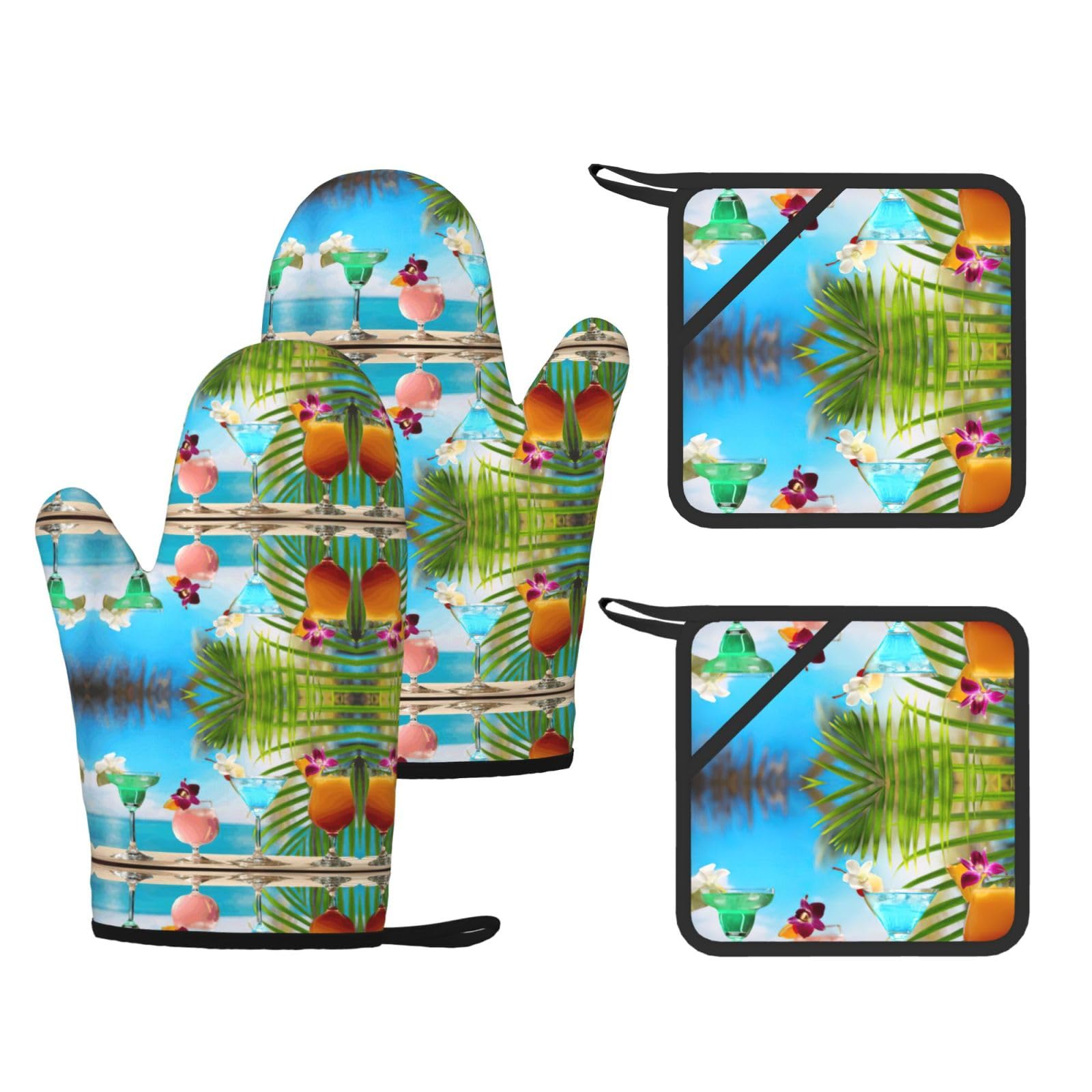 Tropical Cocktails Printed Oven Gloves and Hot Pads Set of 4, High Heat Resistant Silicone Mitts for Cooking BBQ