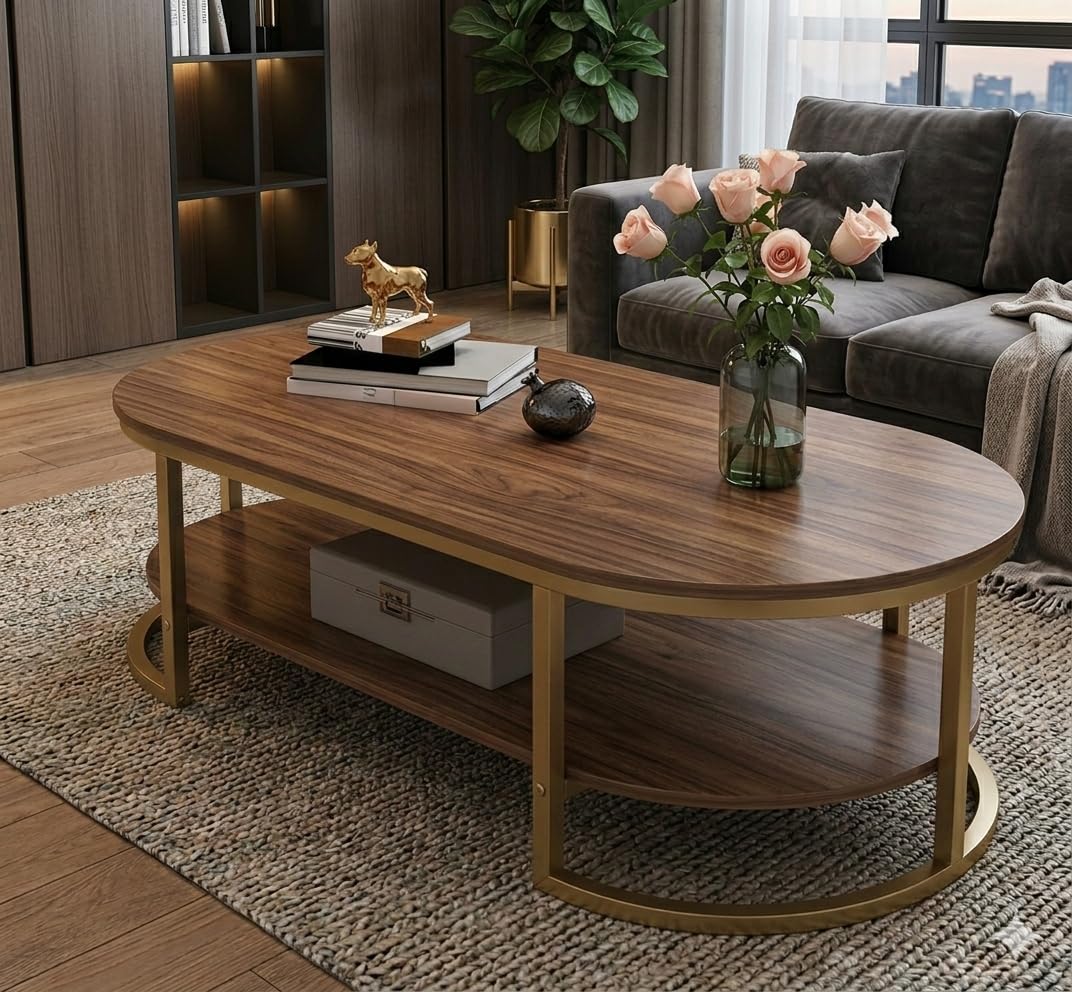 Modern 2-Tier Coffee Table with Engineered Wooden Top & Gold Metal Frame, Cocktail Sofa Table Living Room, Elegant Center Table – for Home, Office, Dining (Walnut & Gold)-image-33