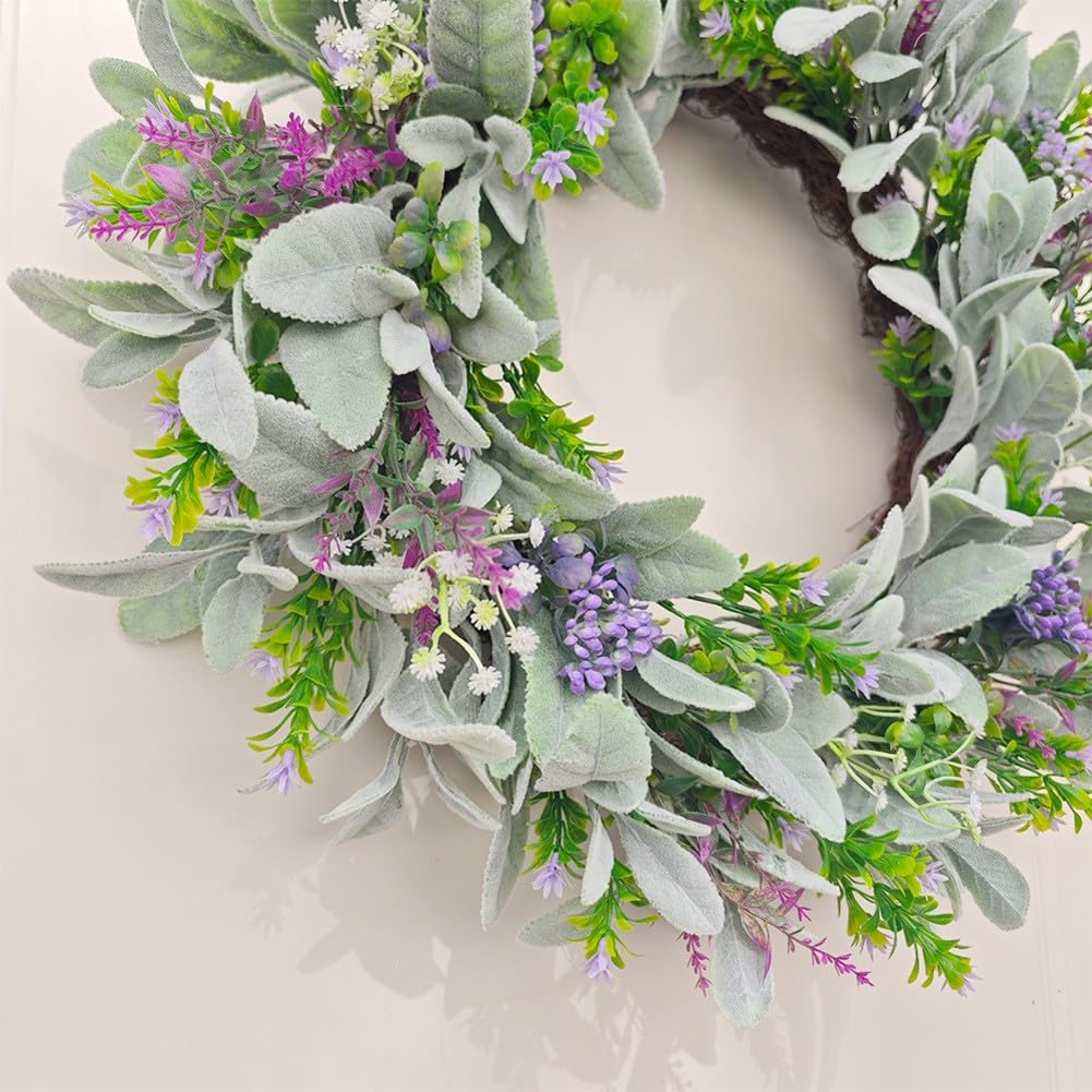 Ghirlanda di eucalipto artificiale, 45 cm, con lavanda, parte anteriore | Ghirlanda di eucalipto artificiale da 45 cm con accenti di lavanda, parte anteriore verde per decorazione porta per ingresso