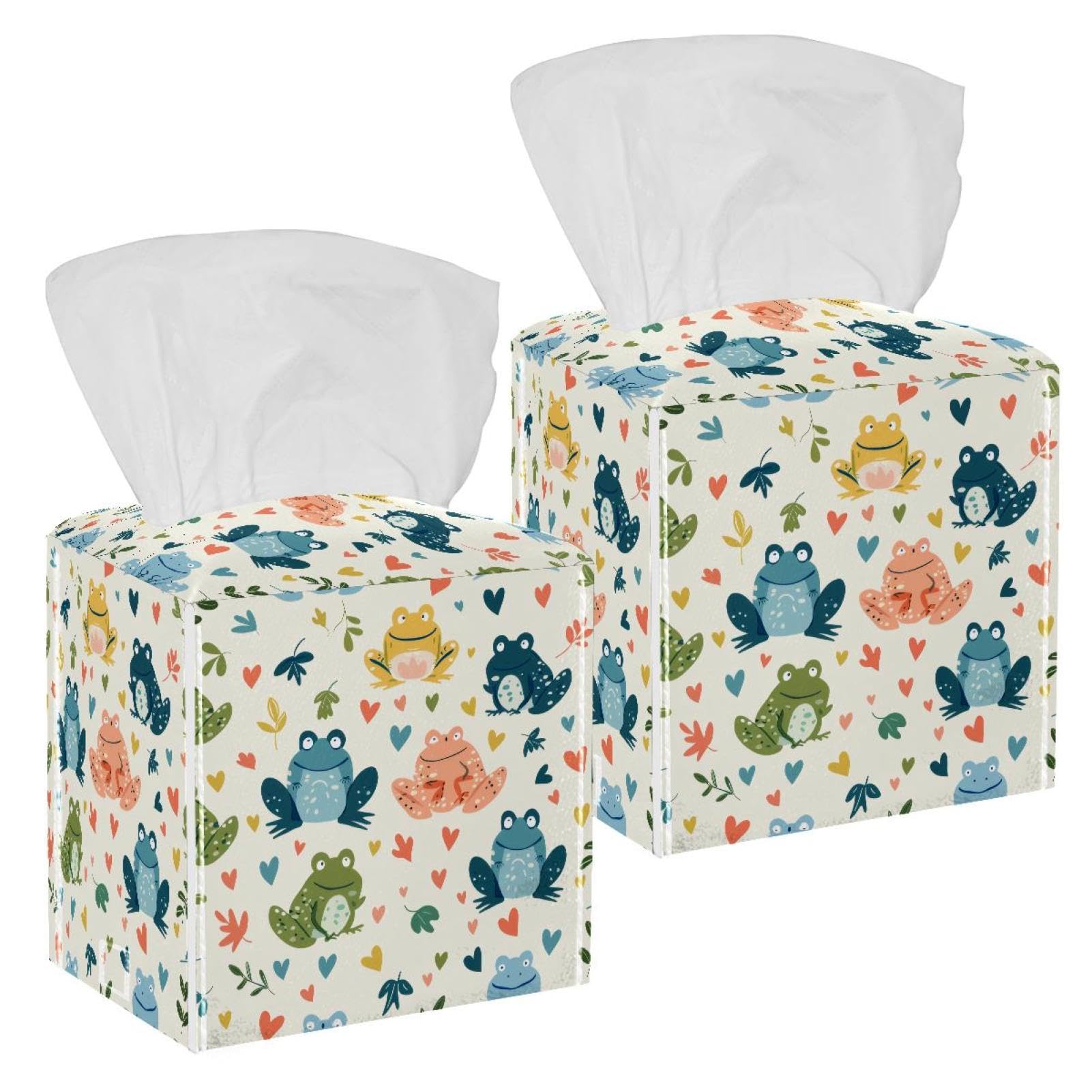 Frog Hearts Tissue Box Cover, 2 Pack PU Leather Square Facial Tissue Dispenser Box holder for Home Office Car