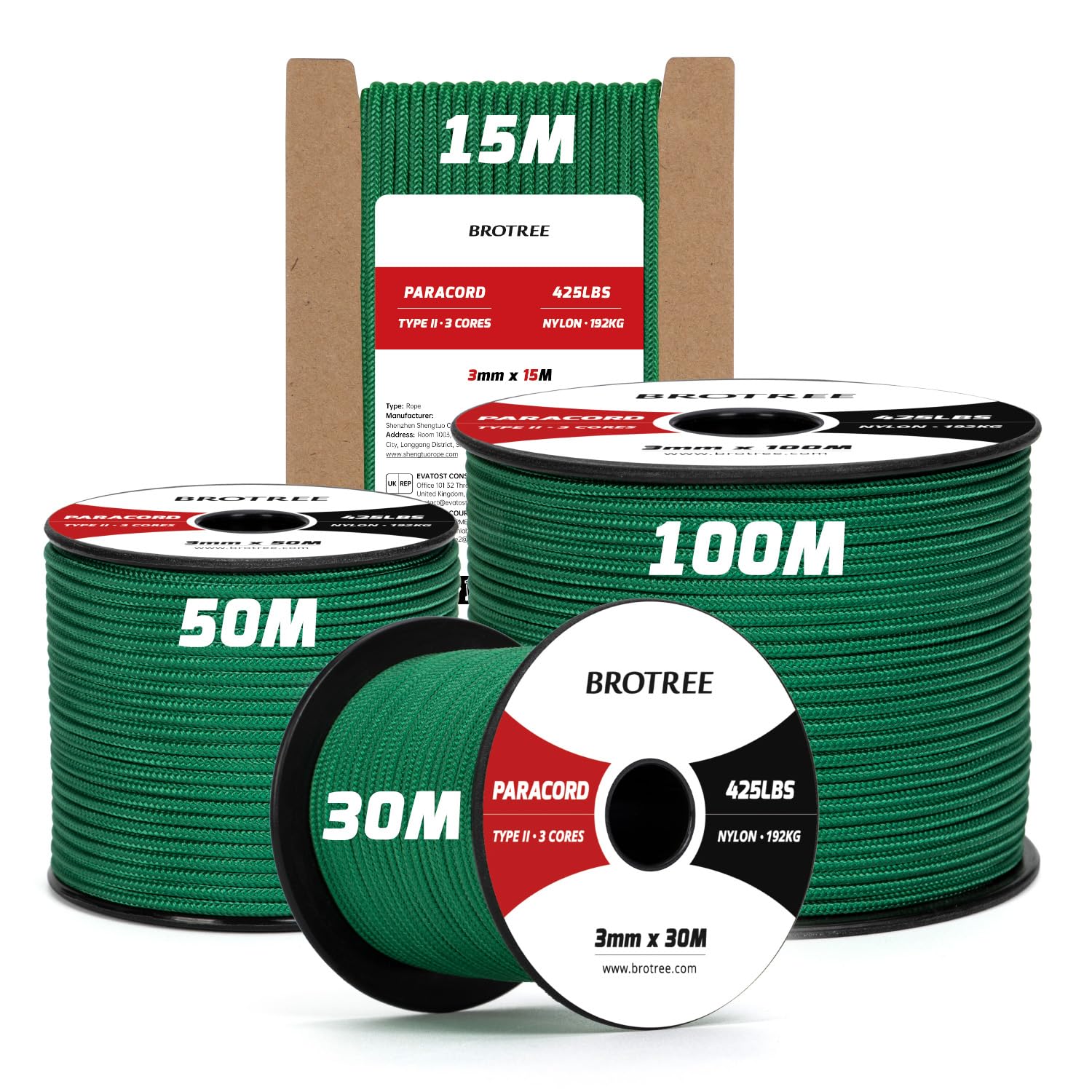 Brotree 3mm Paracord 425 100% Nylon 100M Rope 3 Strands Type II Parachute Cord for Outdoor, Craft, DIY - 192kg Breaking Load (Kelly Green)