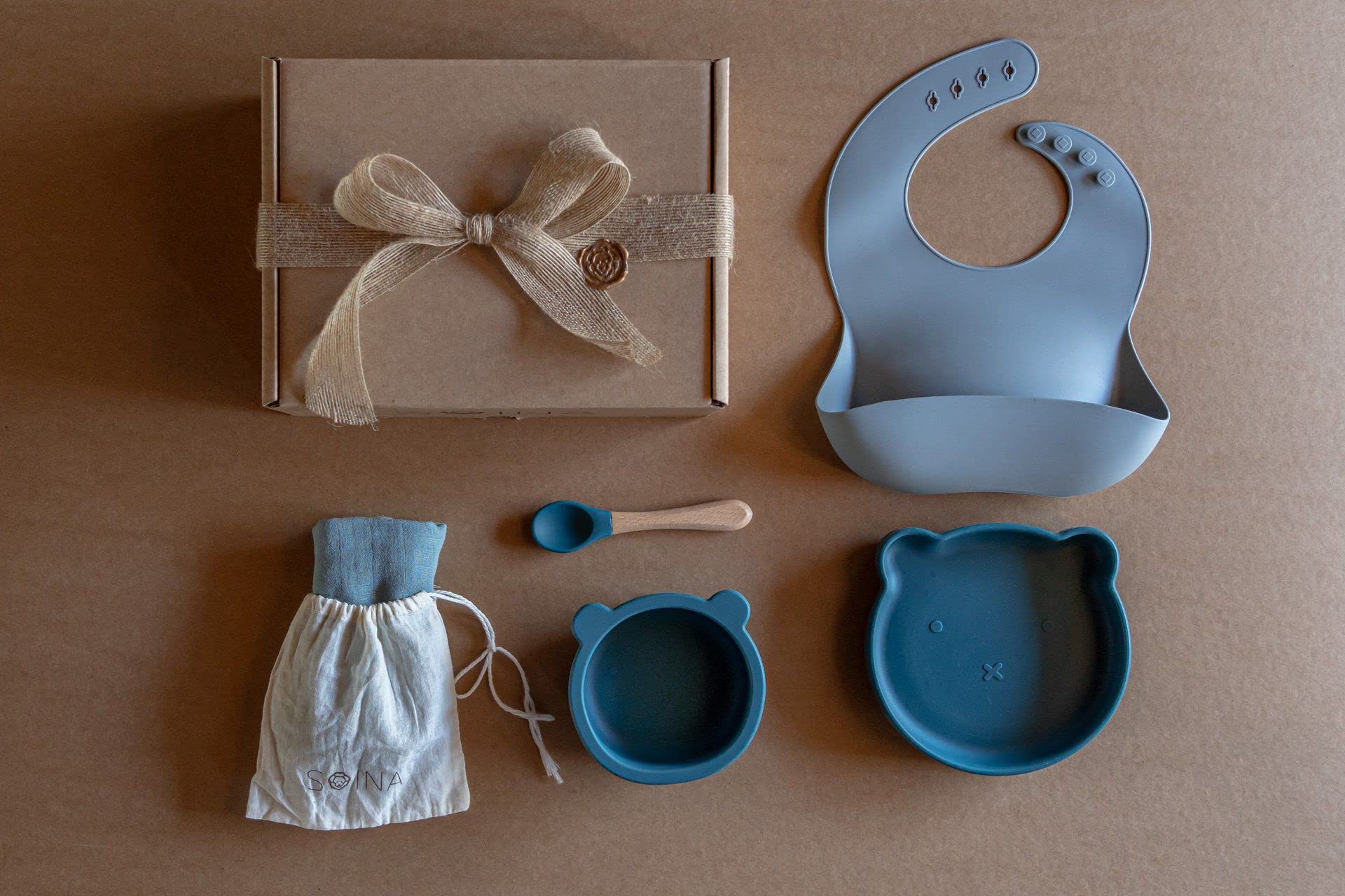 Coffret cadeau premier repas (bleu nuit/gris perle/bleu paon)