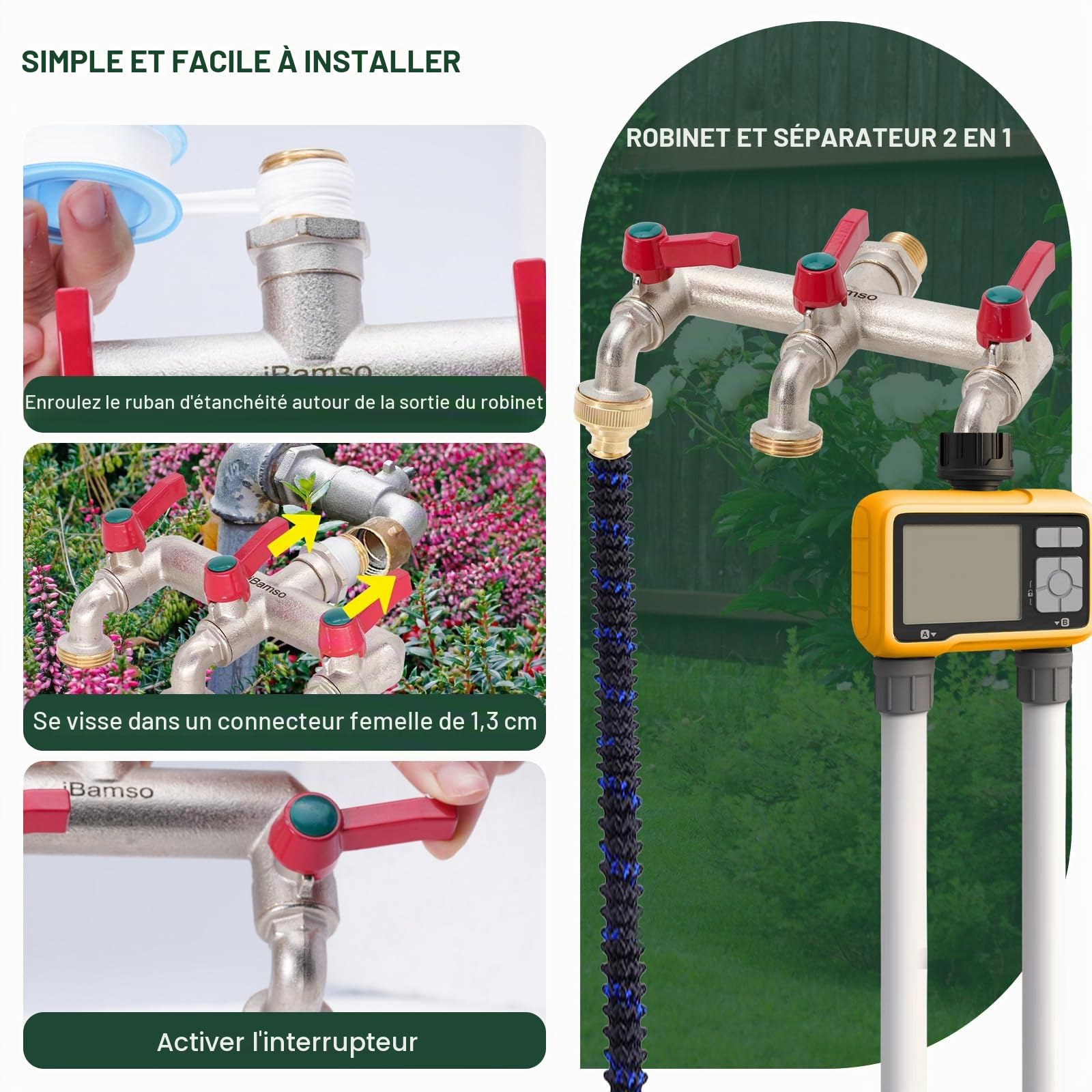 Robinet 3 voies, robinet de jardin et répartiteur 2 en 1, distributeur de robinet en laiton avec poignée allongée, entrée 1/2" et trois sorties 3/4" avec adaptateur de robinet marche/arrêt