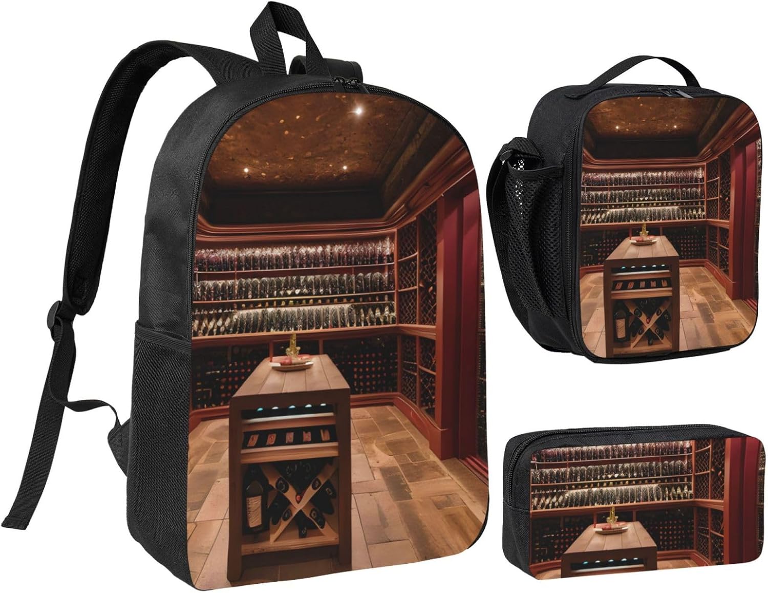 Red Wine Cellar print 3 Piece Backpack Bags with Lunch Box Pencil Case Set for Travel Work Camping Unisex