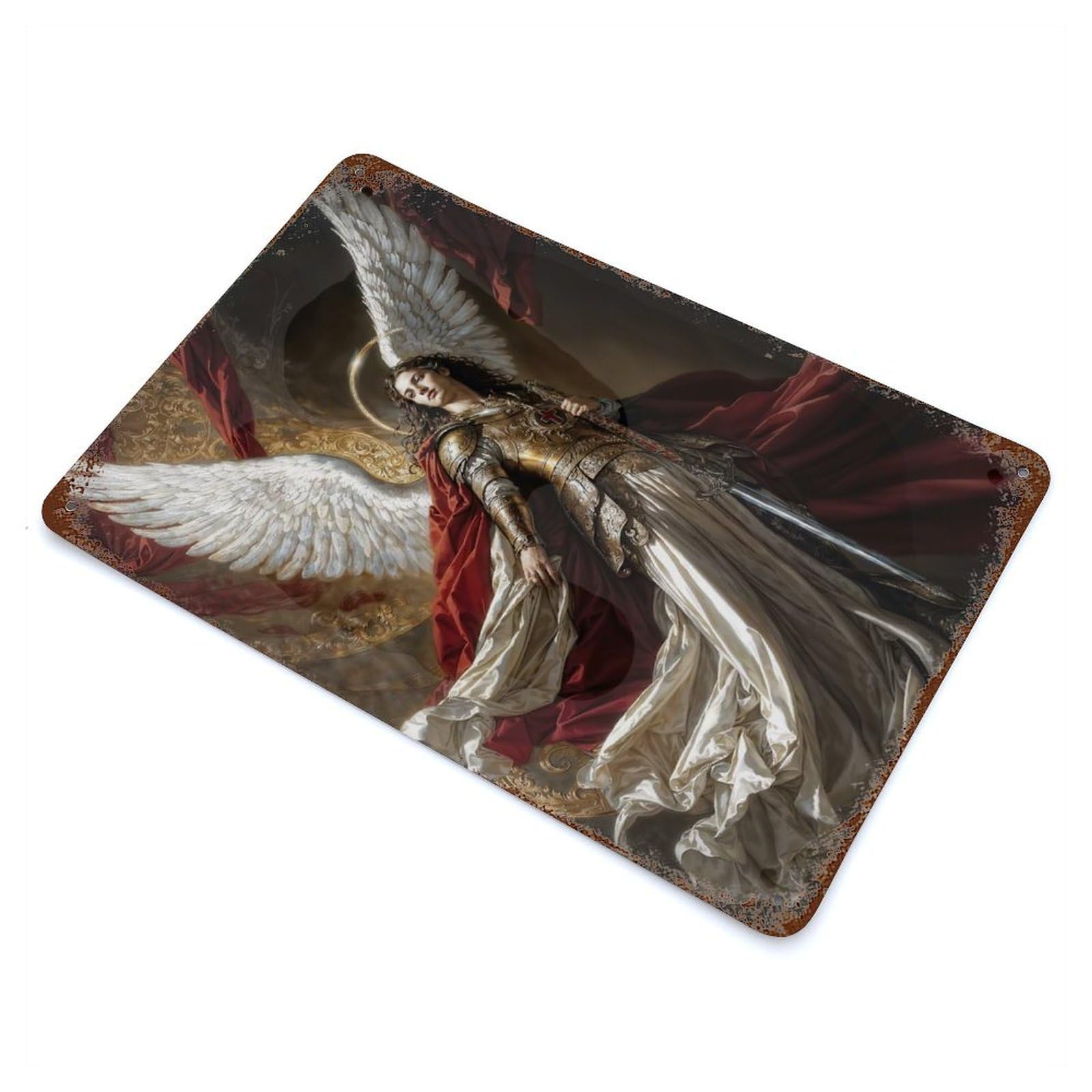 Vintage Rust Metal Sign with Archangel Michael Archon of Holy Fire Design 11.8"x7.9", for Shed, Workshop And Garage Wall Decor, Classic Wall Plaque