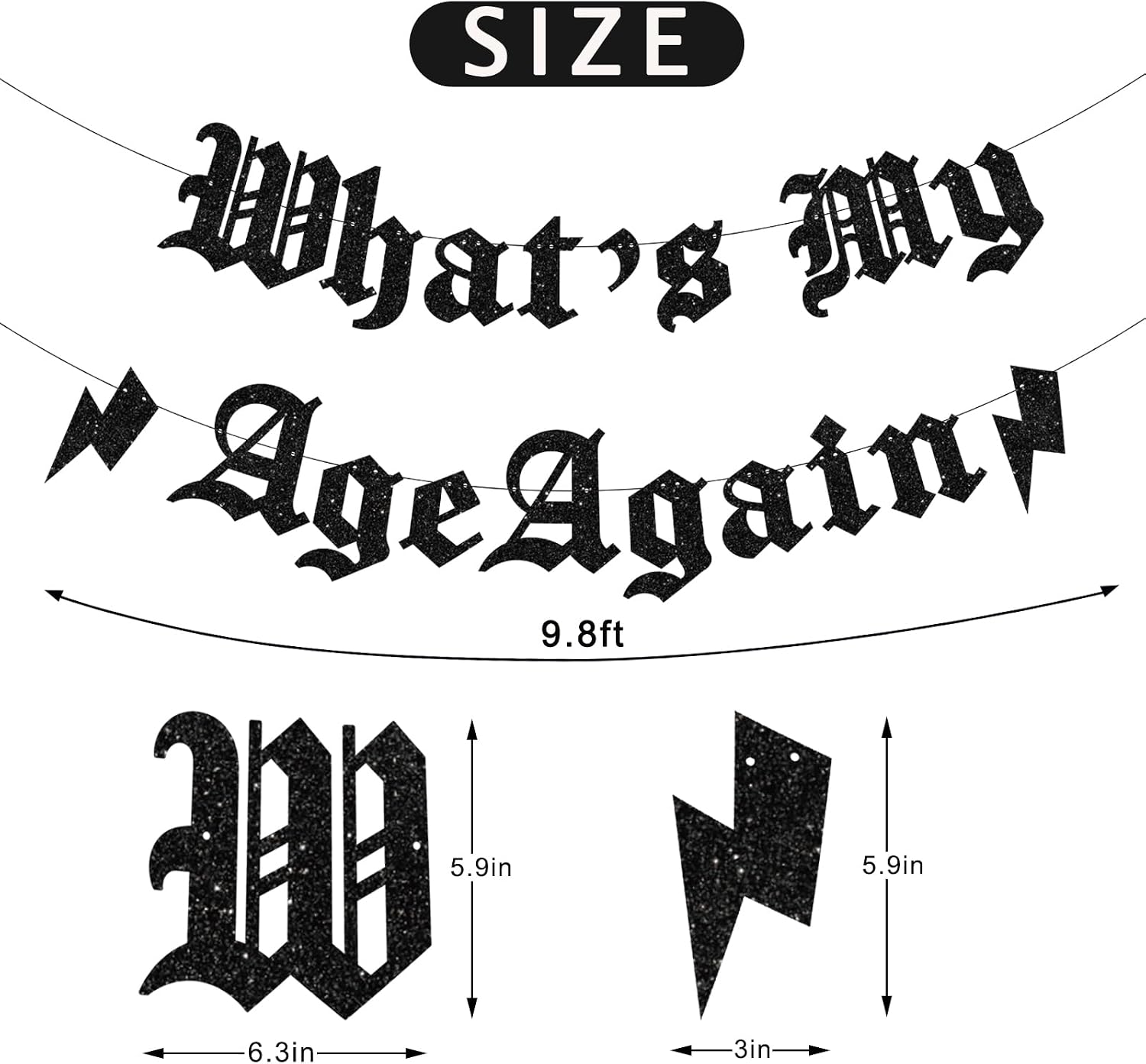 Pre-Strung What's My Age Again Banner Glitter Gothic Old English Birthday Decor Funeral Birthday Banner for Death to My Youth 20th 30th 40th 50th Party Decorations