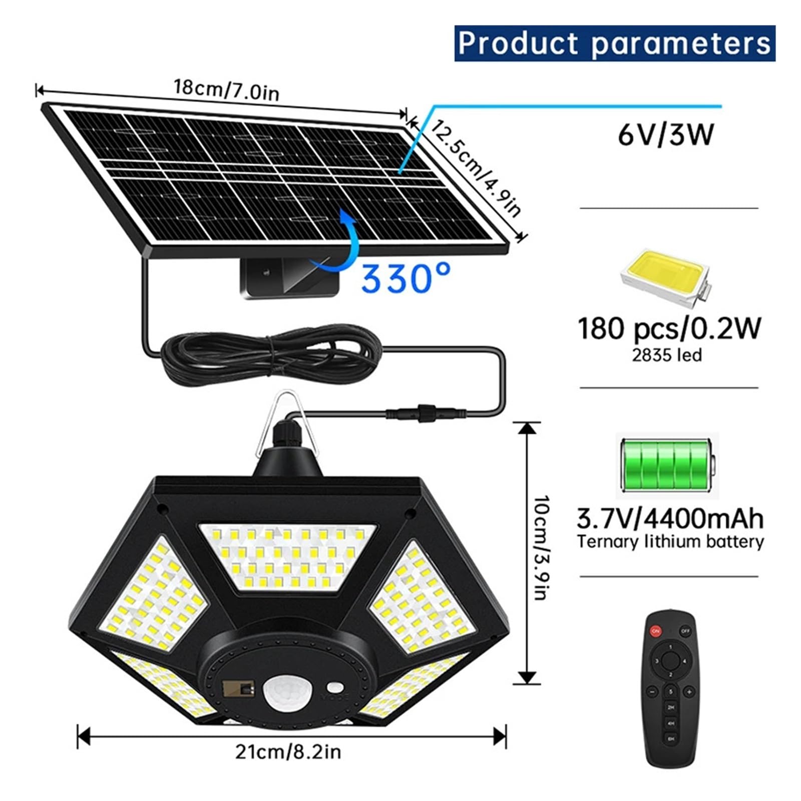 Luci a Sospensione solari for Esterni e Interni con Telecomando, 180 LED, sensore di Movimento, 5 modalità di Illuminazione for Garage, Patio e fienile