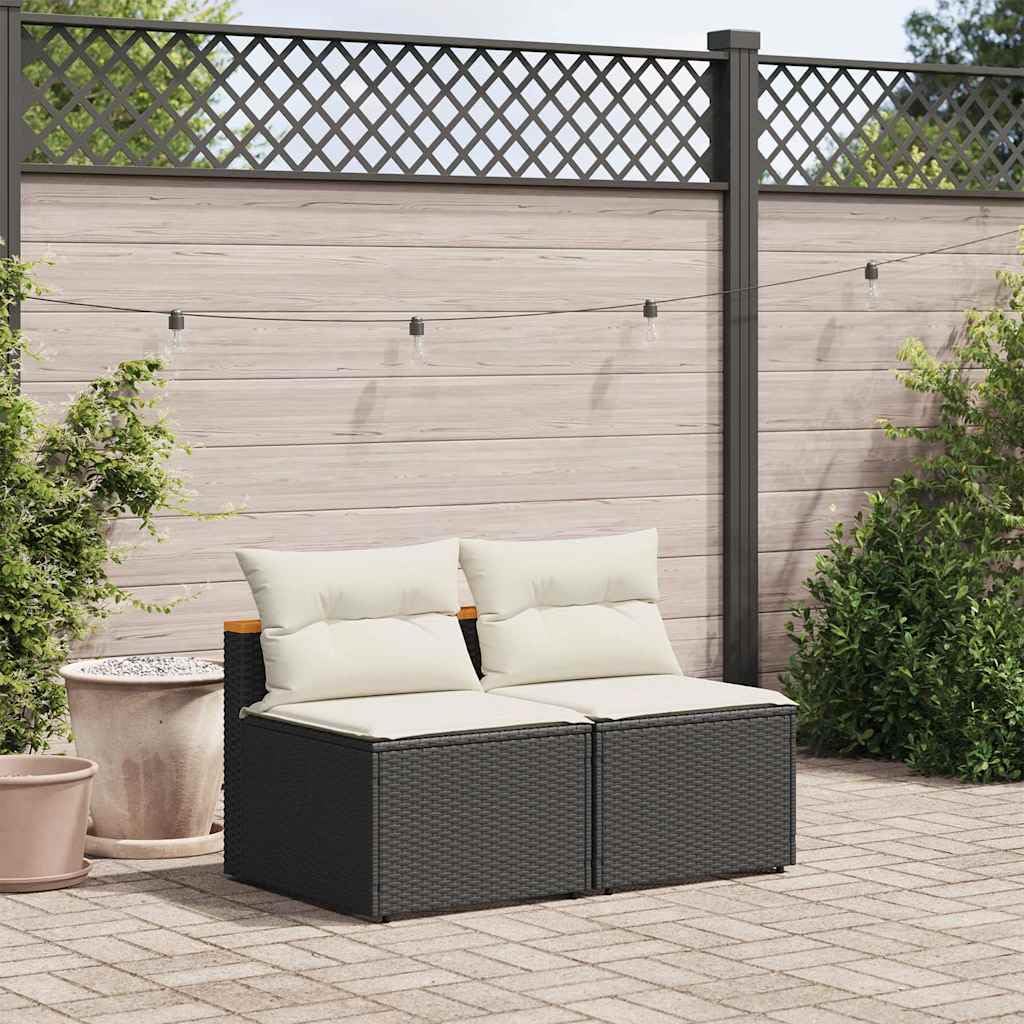 Divano Giardino Senza Braccioli 2 Pezzi Nero Polyrattan | Con cuscini bianco crema, fodera sfoderabile e lavabile, telaio in acciaio, design modulare