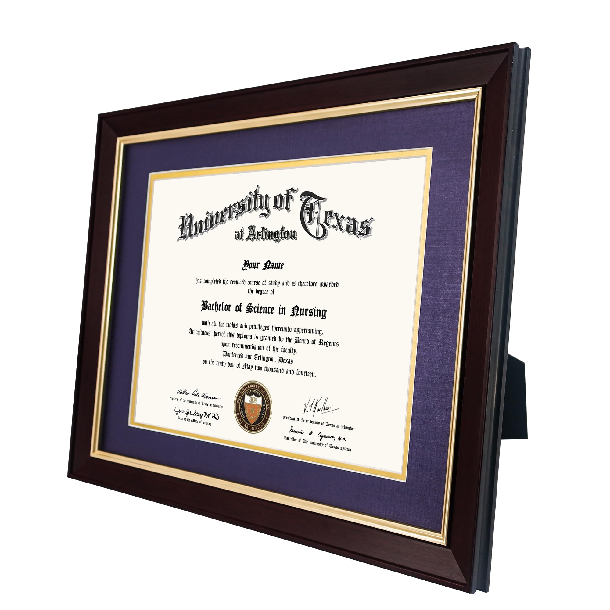 GMFrames Drewniana ramka dyplomowa 8,5 x 11 z fioletową matą lub wyświetlaczem certyfikaty 11 x 14 bez maty, szkło hartowane, ciemnobrązowe wykończenie ze złotym wykończeniem