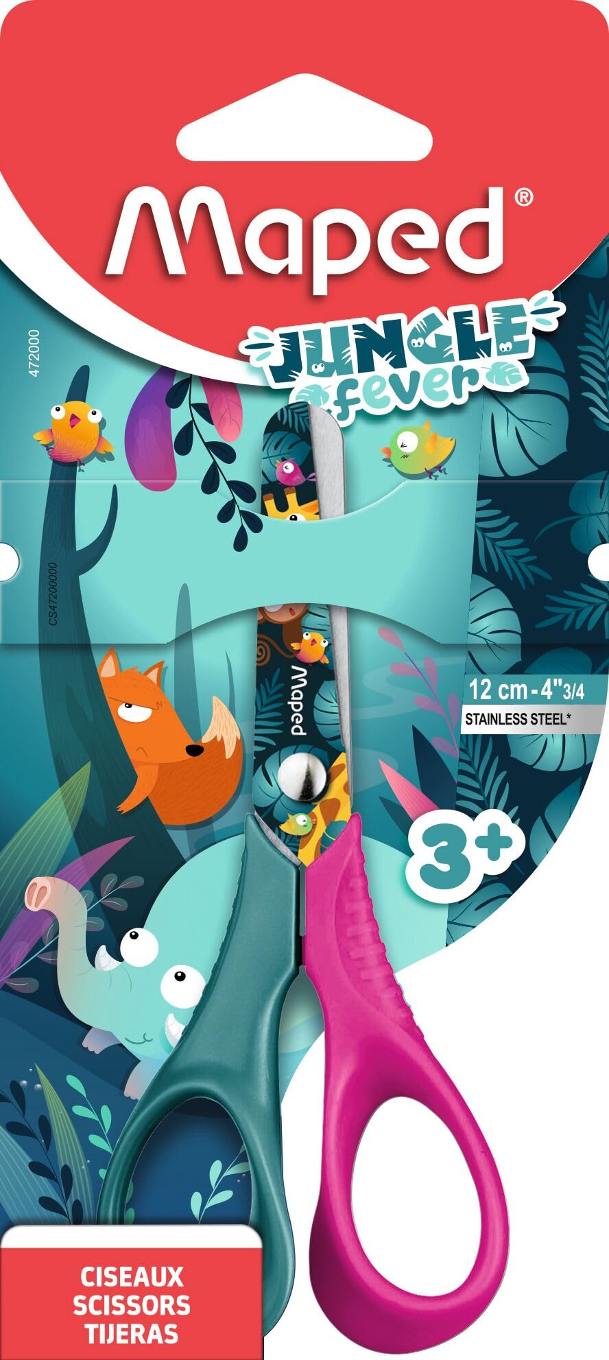 Maped – Children's Scissors – Jungle Fever Scissors – Round Tip Scissors – 12 cm Stainless Steel Blades – Ergonomic 3D Rings, Green, 472000