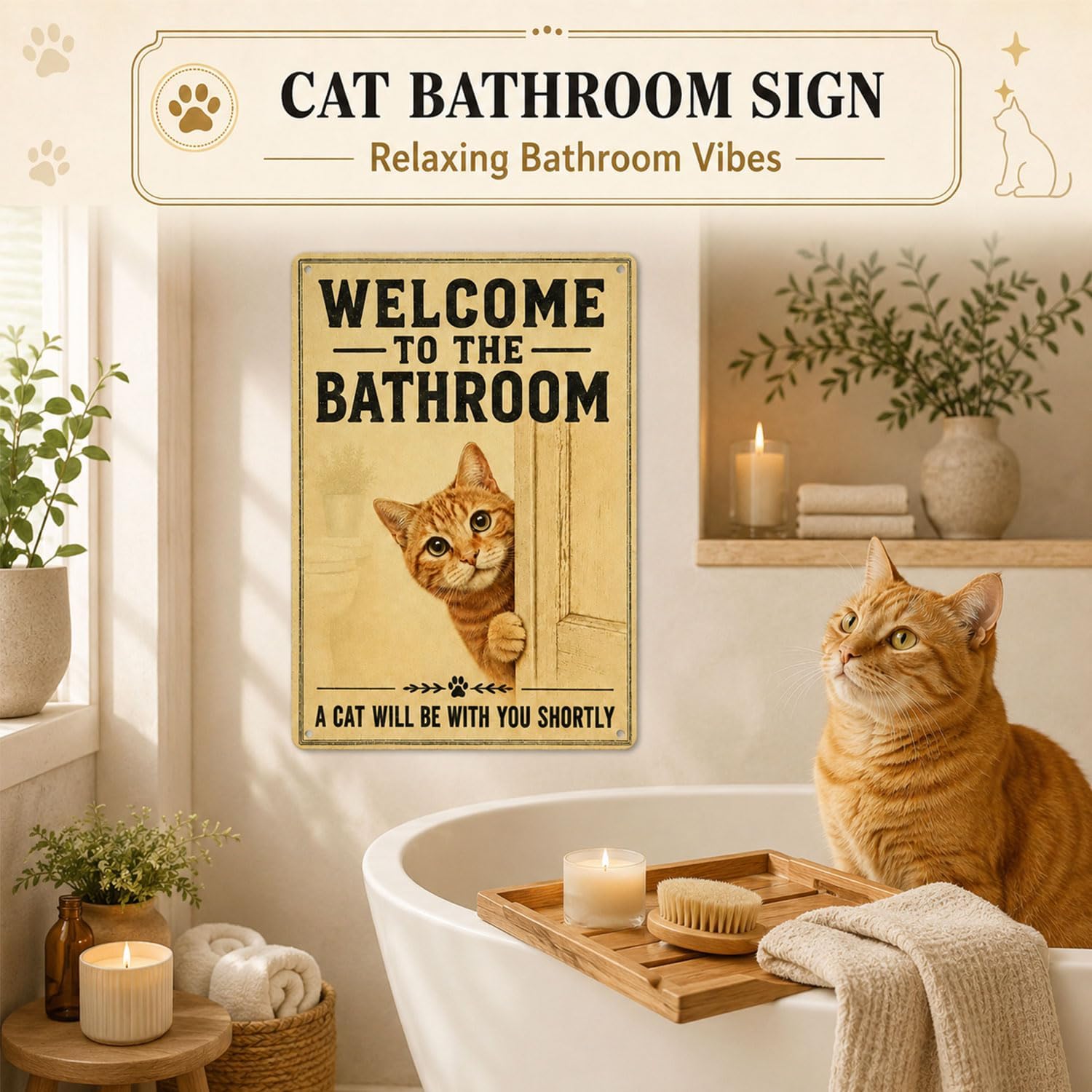 Funny Cat Bathroom Decor Metal Sign, Welcome to the Bathroom A Cat Will Be With You Shortly Sign, Cat Bathroom Wall Art for Cat Lovers, 8x12 Inch