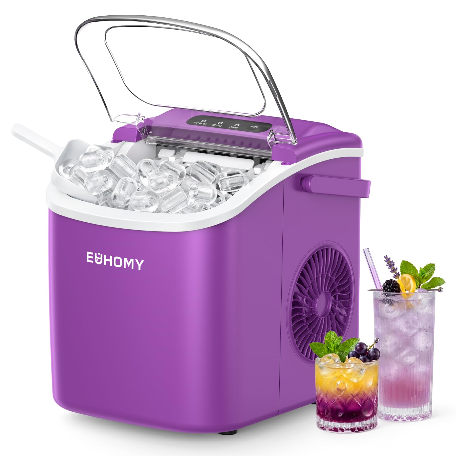 EUHOMY Countertop Ice Maker Machine with Handle, 26lbs Per Day, 9 Ice Cubes Ready in 6 Mins, Auto-Cleaning Portable Ice Maker with Basket and Scoop, for Home/Kitchen/Camping/RV (Purple)