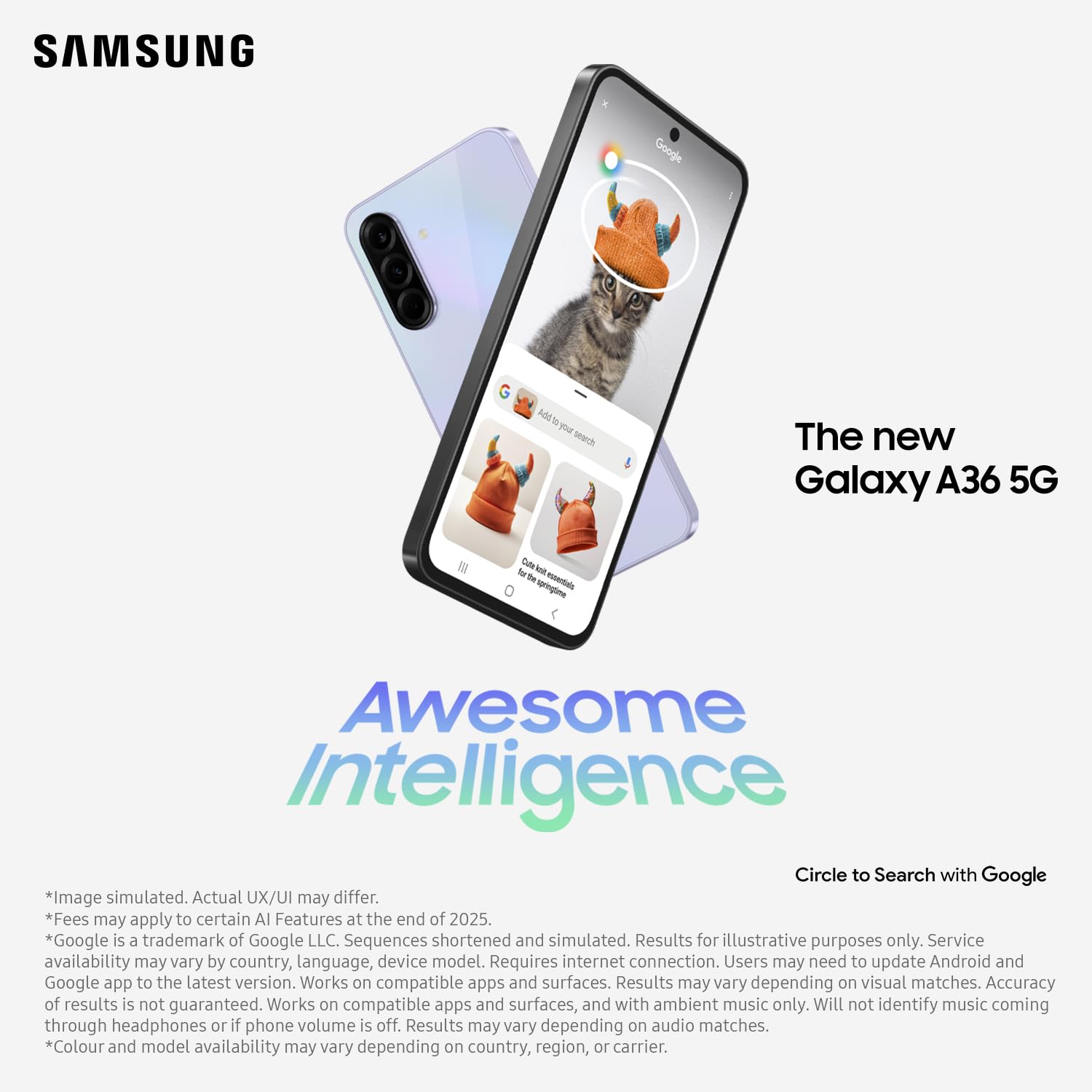 SAMSUNG Galaxy A36 5G A Series telefon komórkowy, niesamowita inteligencja, wyświetlacz 16,7 cala, długa żywotność baterii, super szybkie ładowanie, 128 GB pamięci, lawendowy