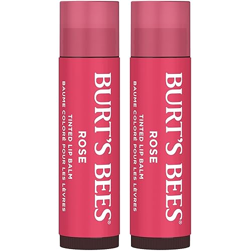 Burt's Bees Lip Tint Balm Stocking Stuffers Gifts, Long Lasting 2 in 1 Duo Tinted Balm Formula, Color Infused with Hydrating Shea Butter for a Natural Looking Buildable Finish, Petal Rose (2-Pack) - Rose - 2 Count (Pack of 1)