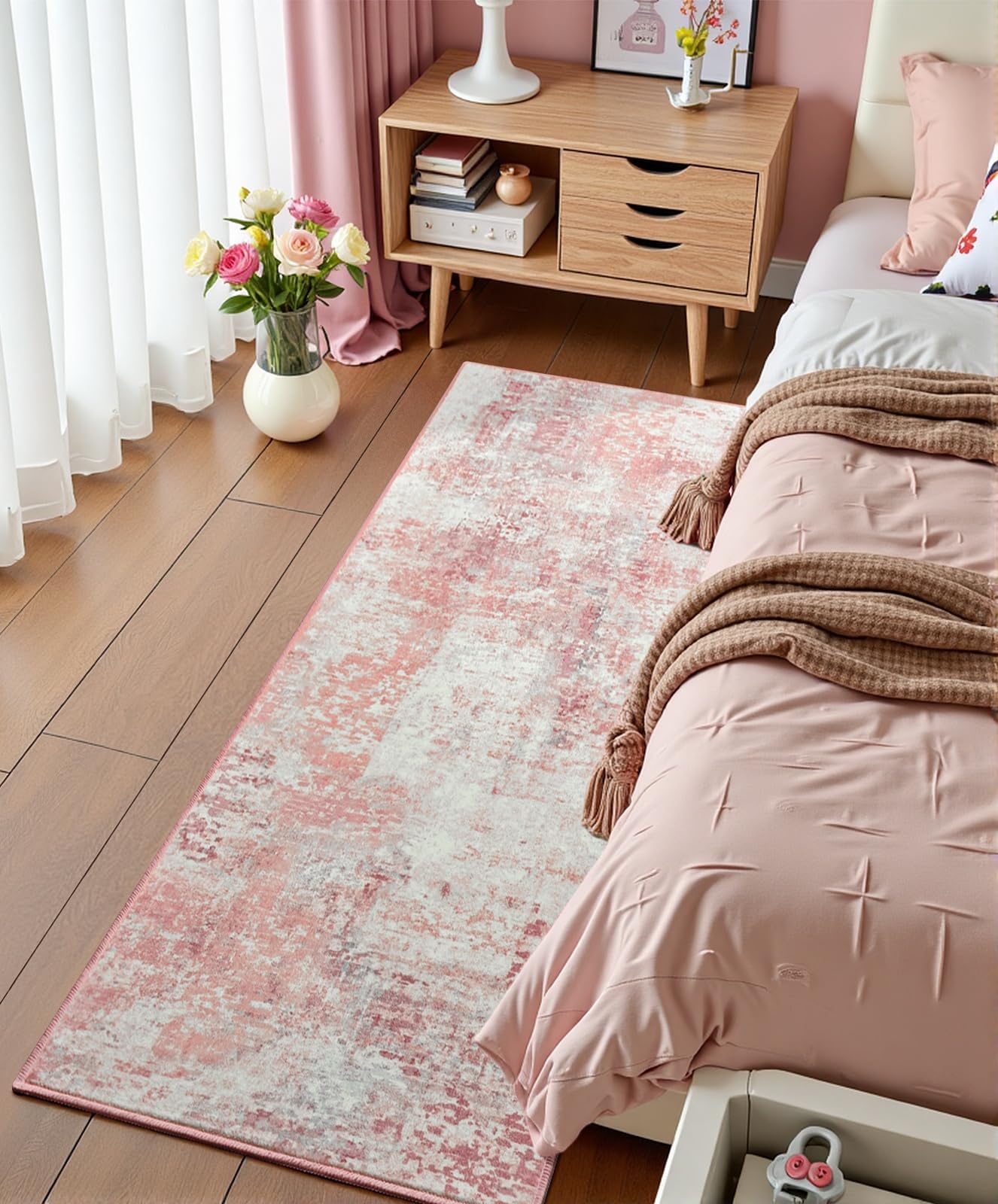 Flagover Pink Washable Runner Rug for Bedroom, Abstract Non-Slip Soft Entryway Rugs, Modern Low Pile Stain Resistant 2x6 Carpet for Entryway, Kitchen,