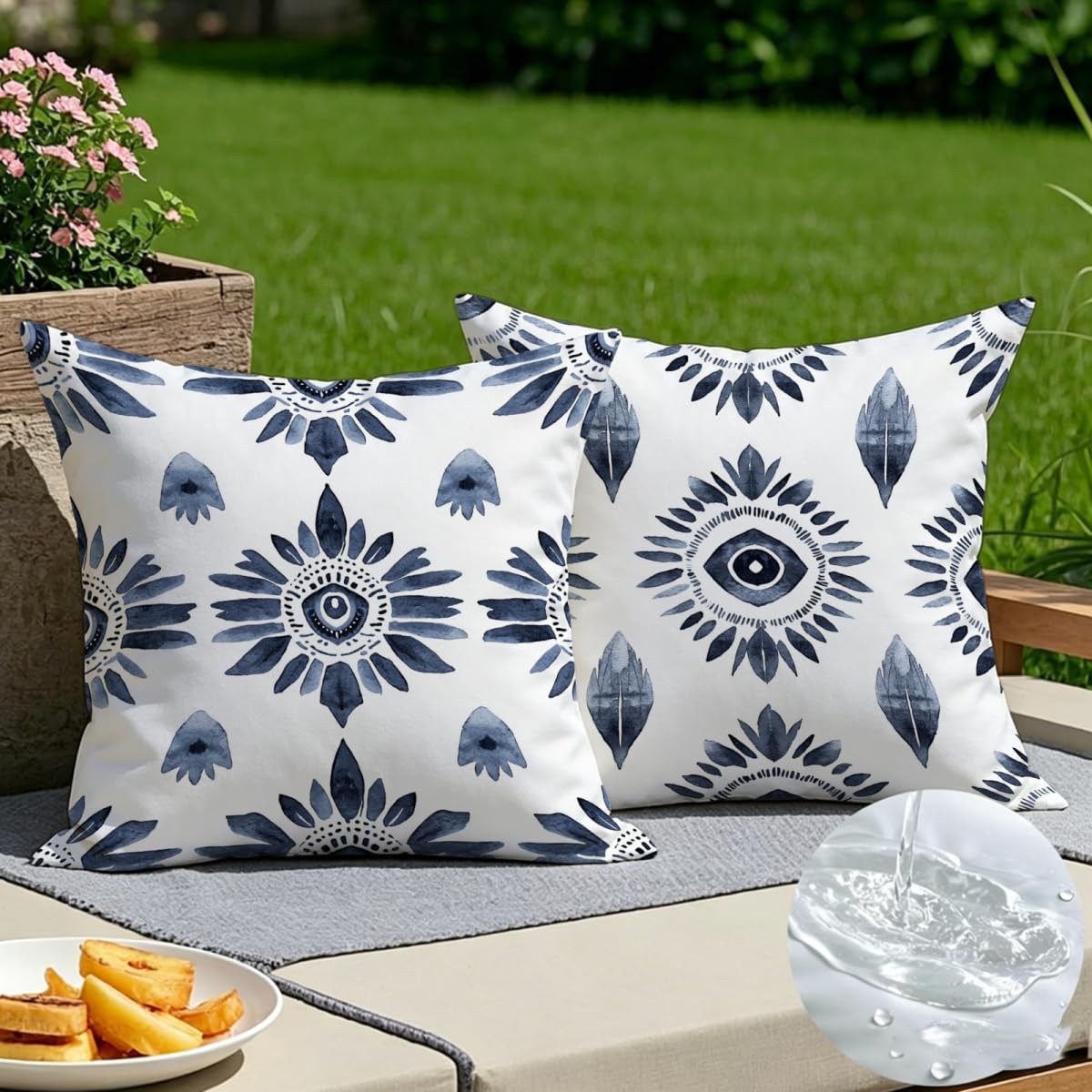 Housse de coussin géométrie bleu 45x45 en lin premium pour une déco élégante