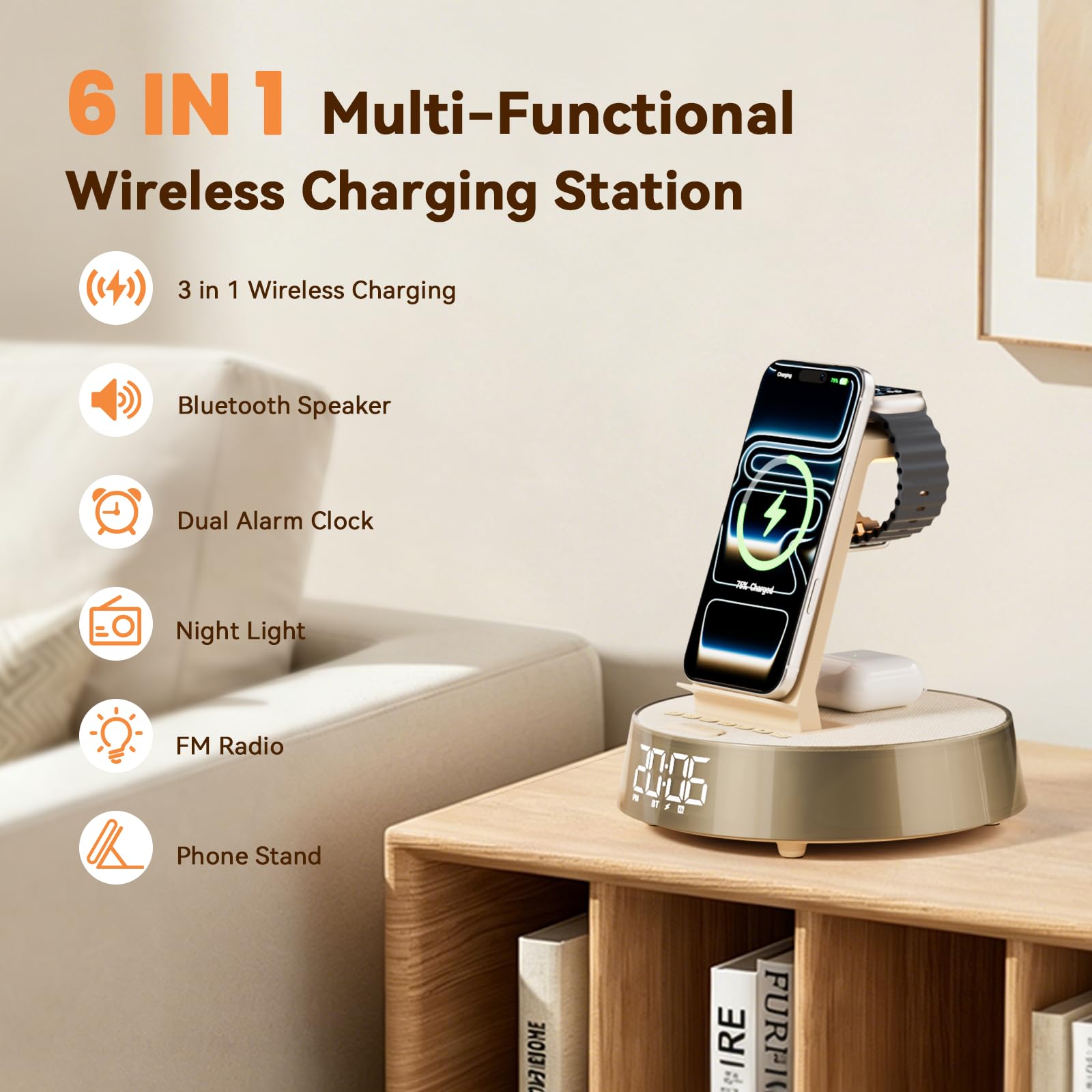 Wireless Charger für iPhone für Samsung, Radiowecker mit Bluetooth Lautsprecher Induktive Ladestation für Apple Watch, Kabelloses Ladegerät für AirPods mit Licht Nachtlampe