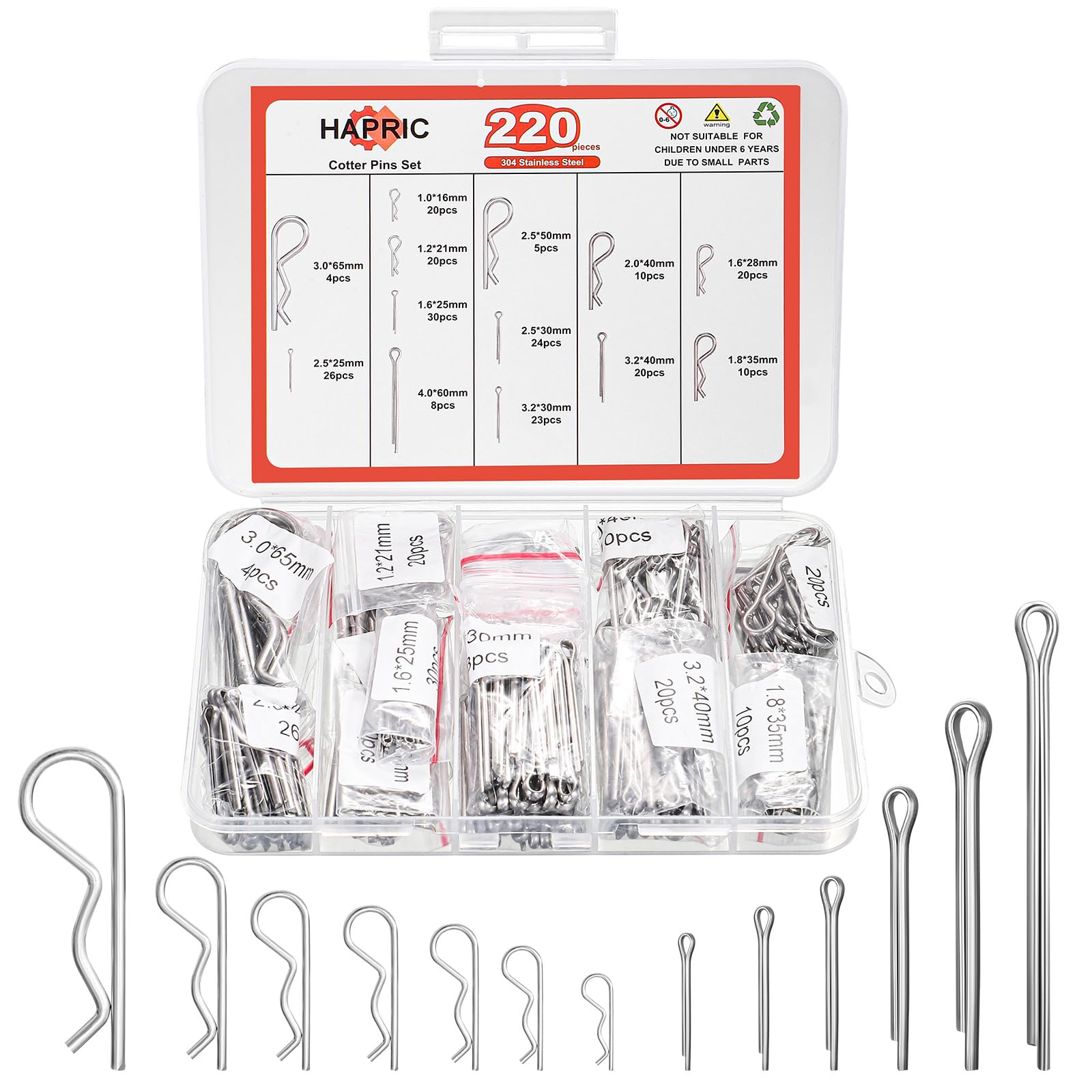 220 Pcs 13 Size Hardware Pins Cotter Pin Assortment Kit 304 Stainless Steel R Clips Hardware Pins & Hairpin Cotter Pins Set for Trucks, Engine Repair