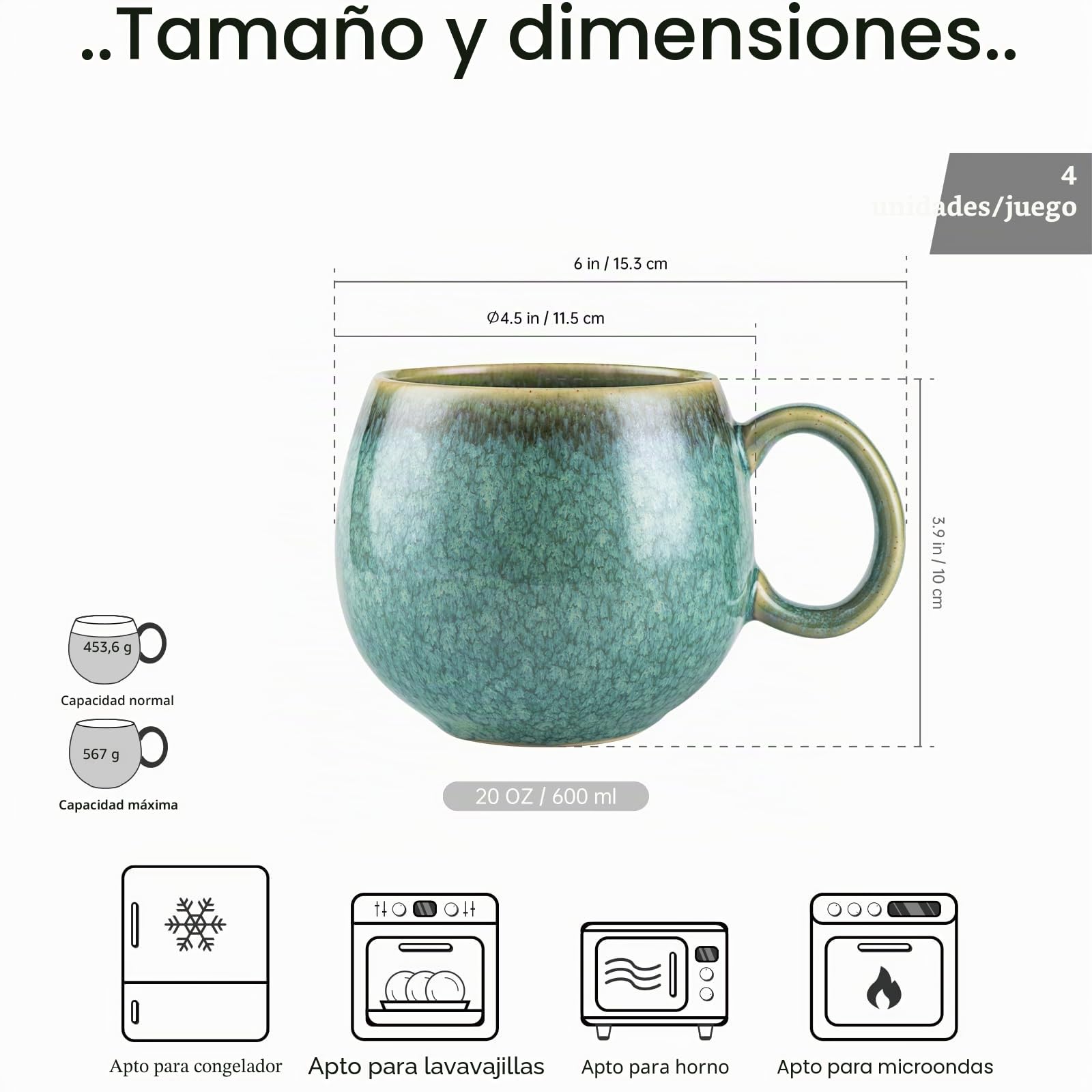HENXFEN LEAD cappuccino taza de cerámica, 600ml tazas de café con asa, 4pcs tazas de porcelana para el té café con leche capuchino - verde brillante