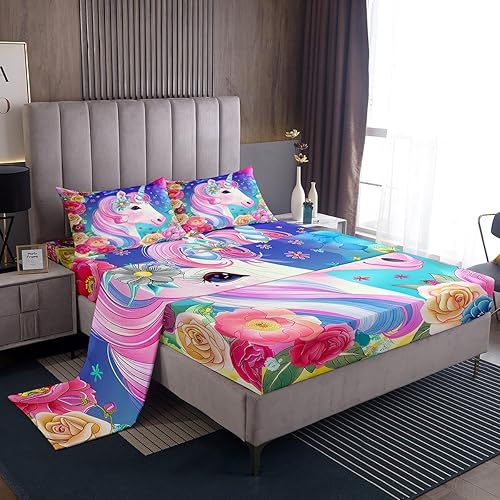 Miniatura 23 de Erosebridal Juego de sábanas de unicornio tamaño matrimonial, sábanas de cama Kawaii de dibujos animados de animales mágicos, sábana bajera Multi