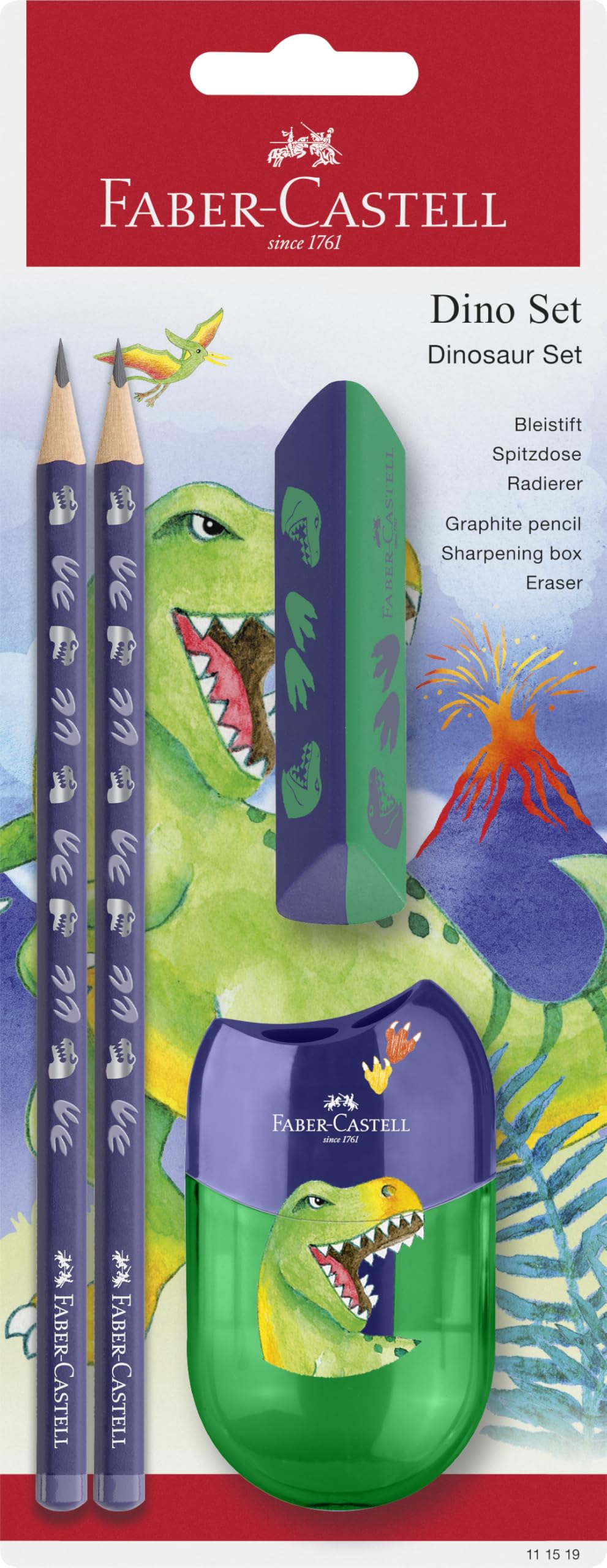 Faber-Castell 111519 - Set da scrittura Dino con matite HB, temperino e gomma, set scolastico per bambini