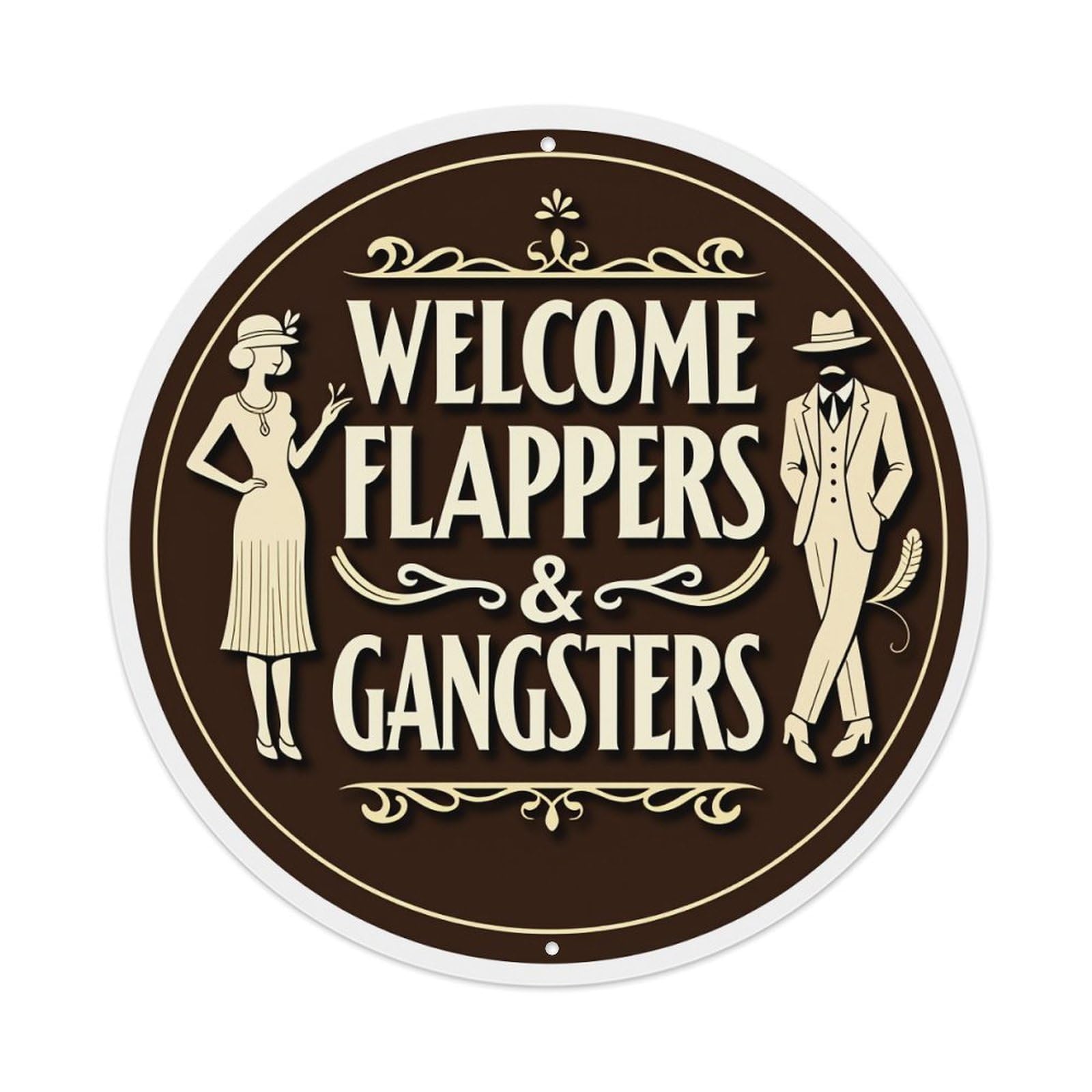 Flapper And Gangster Theme Design Round Tin Sign Vintage Metal Poster Retro Bar, Home, Man Cave, Kitchen, Laundry Room Wall Art Decor Gift 8x8Inch
