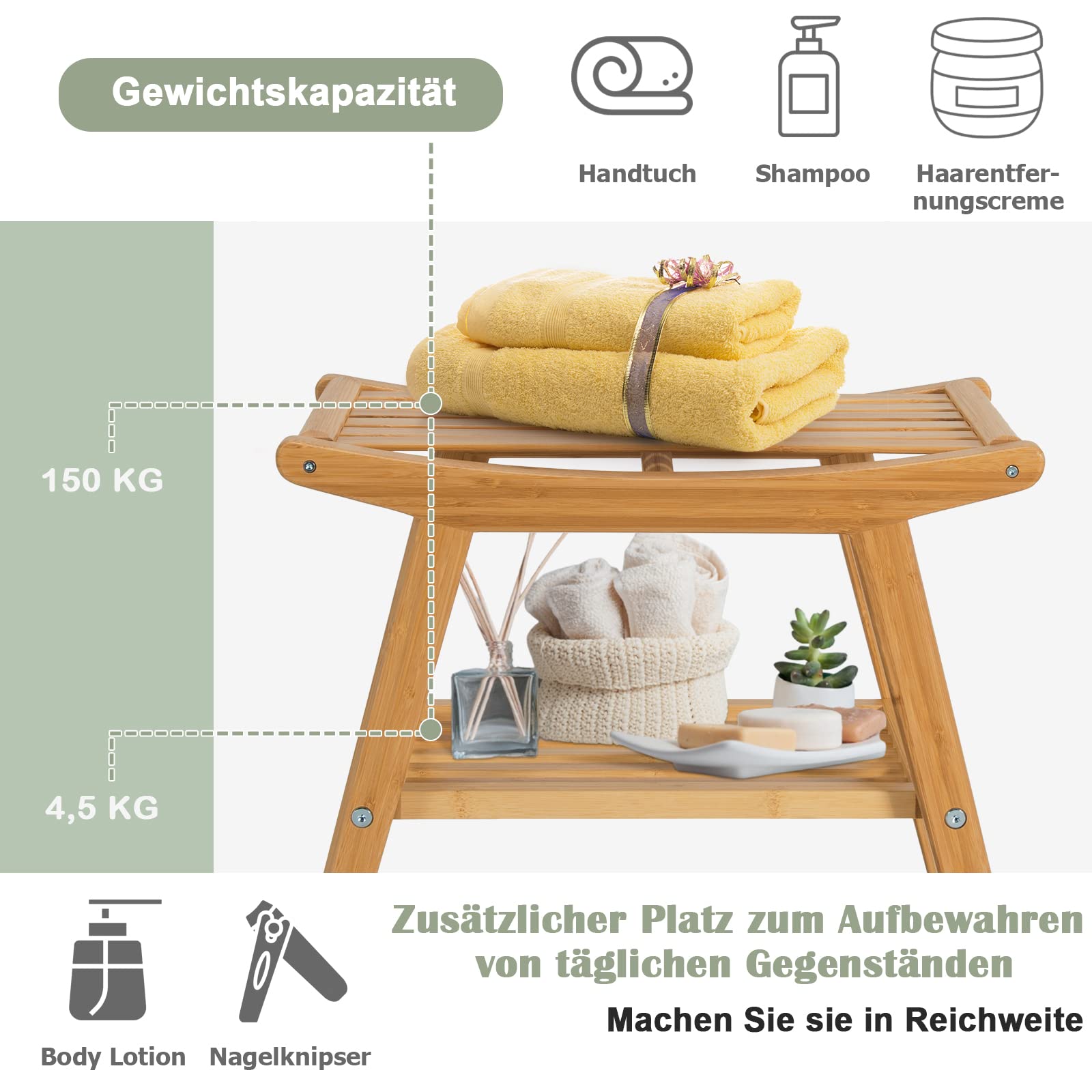 RELAX4LIFE Duschbank mit Fußhocker Bambus, Sitzbank mit Ablage, Badesitz mit Rutschfesten Füßen, bis 150kg Belastbar, Badehilfe für Schwangere & Alte, Natur
