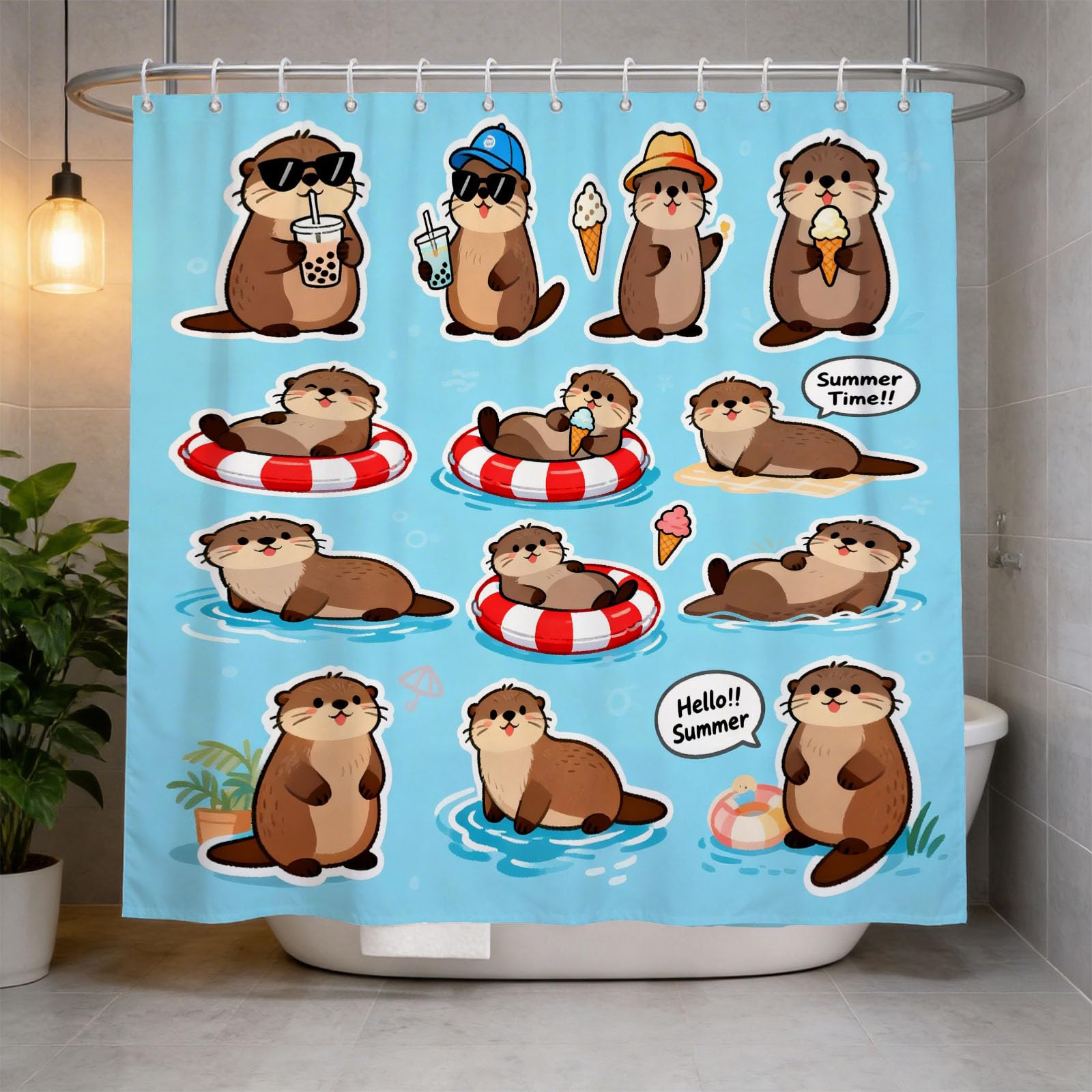Hongduo 3D Otter Motif Shower Curtain for Stalls Bathtubs Cute Animals Bathroom Decor Shower Curtain Set Polyester Fabric Waterproof 200x200cm/79X79 Inch with Hooks