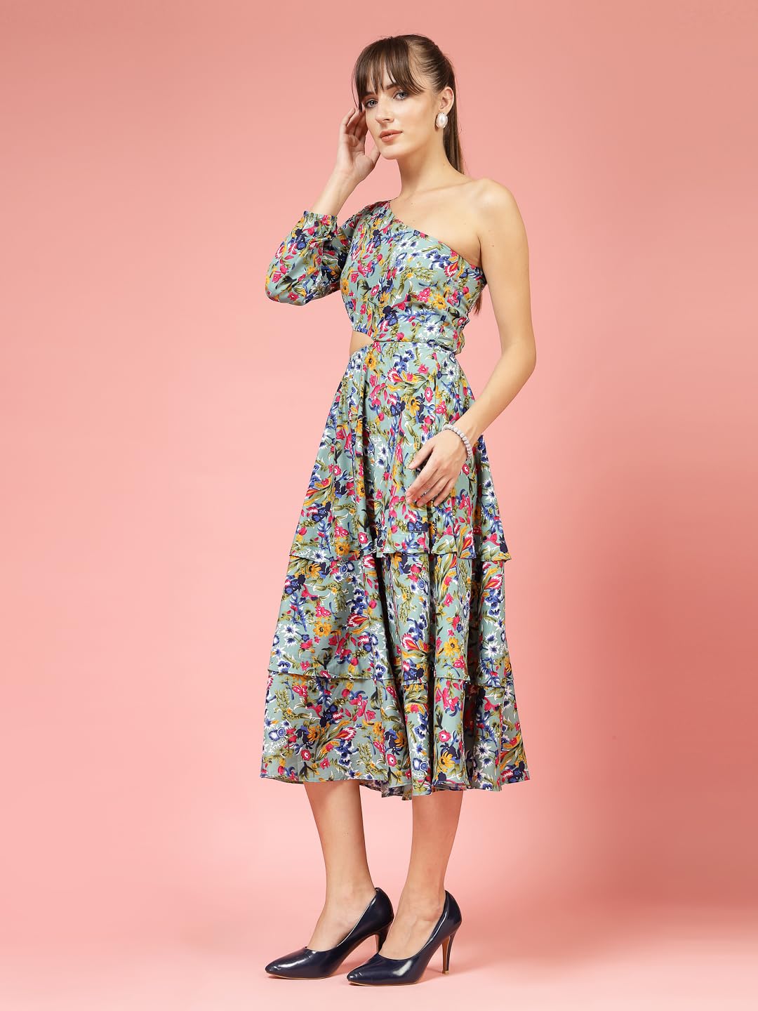 Oomph Women's Western & Fusion Wear Printed Crepe Dress For Women, One Shoulder, Blue - Md1068