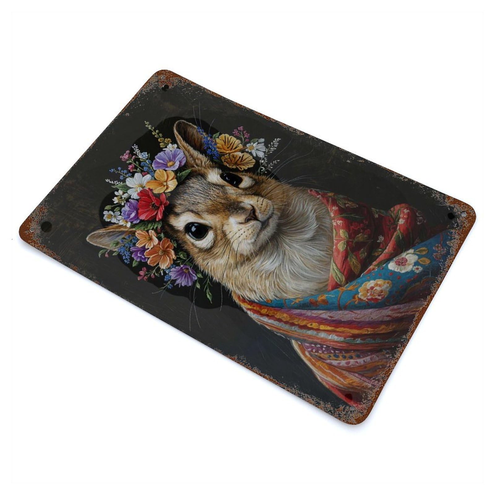 Rust Effect Squirrel with Flowers Vintage Rust Metal Sign 11.8"x7.9", Rustic Home Decor for Farmhouse, Kitchen And Entryway Decor