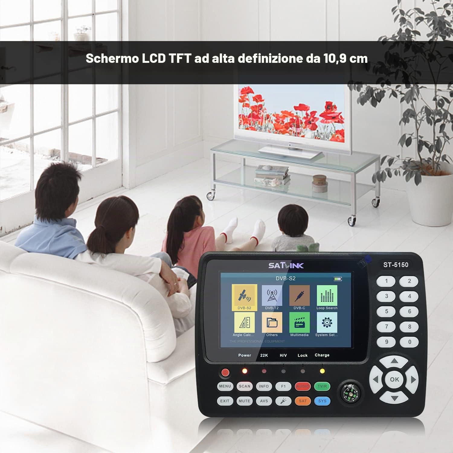 Digitale Satellitare Finder,ST-5150 DVB-S2 / T2 / C COMBO HD Satellite TV Signal Finder Digital Handheld Signal Meter Satellite Finder H.265 HEVC MPEG-4 4,3 pollici TFT LCD EU Plug