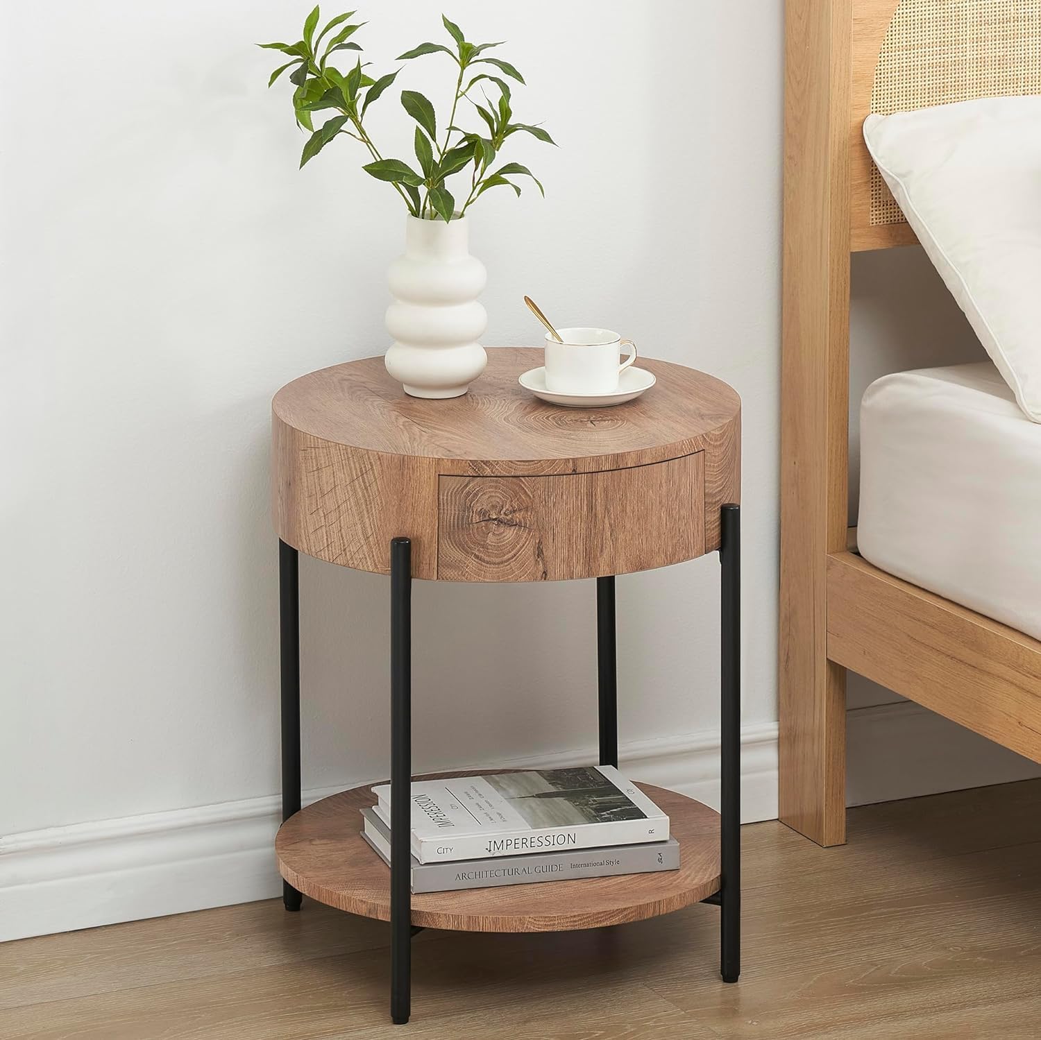 Table Basse Ronde 2 Niveaux avec tiroir et étagère Ouverte - Design Moderne en MDF Hydrofuge et Pieds métal - Idéale Salon/Chambre - 50x50x54,5 cm - Motif : Anneaux annuels