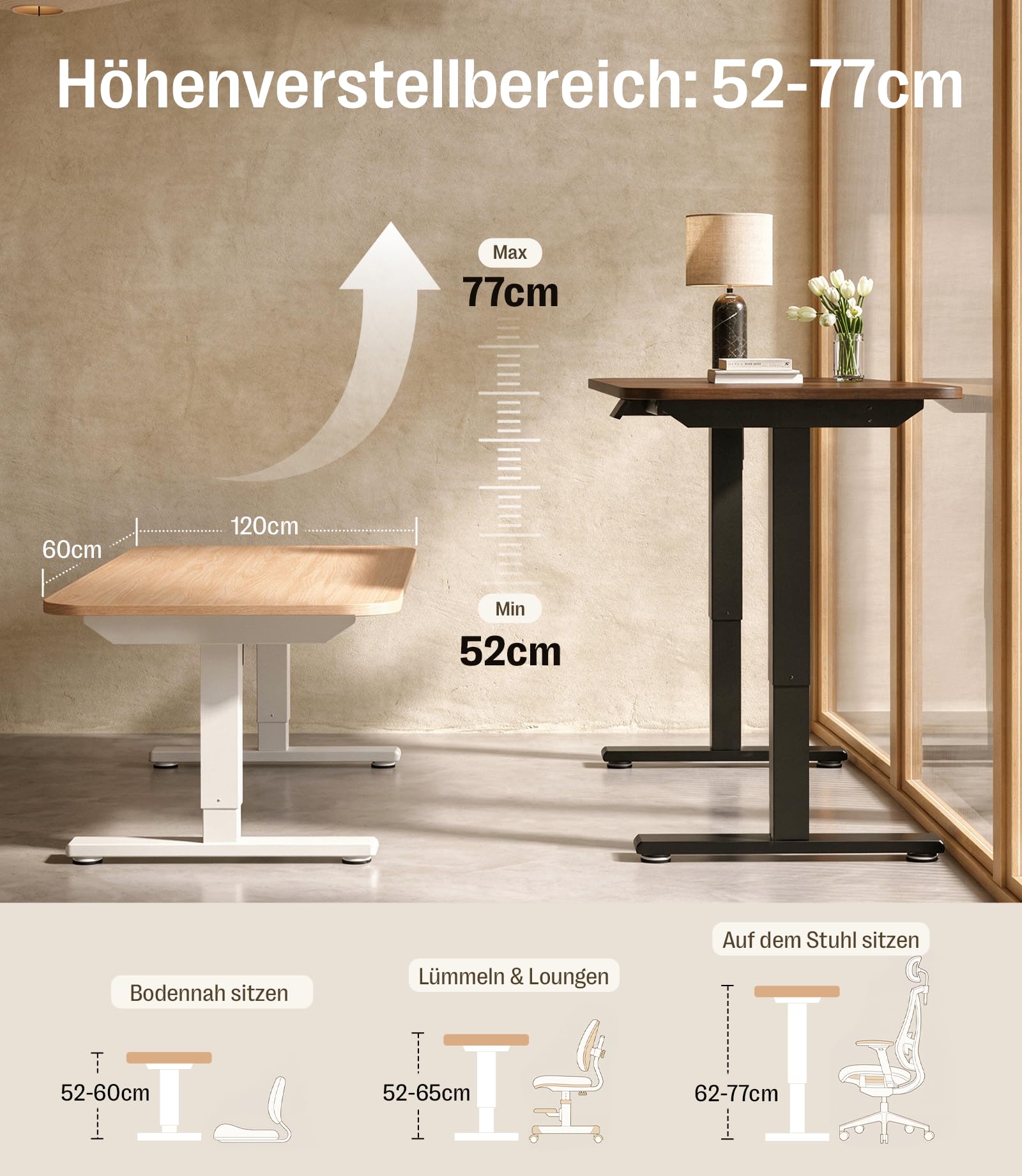 MAIDeSITe J01 Umdrehbar Höhenverstellbarer Schreibtisch, Hubbereich 52–77cm