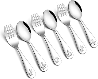 Kinderbesteck Set, Onader 6-teilig Edelstahl Kinder Besteck Set mit Gravur, Kleiner Besteckset Kindergeschirr mit 3 x kindergabel und 3 x Kinderlöffel für Kleinkind, Gesund & Spülmaschinenfest