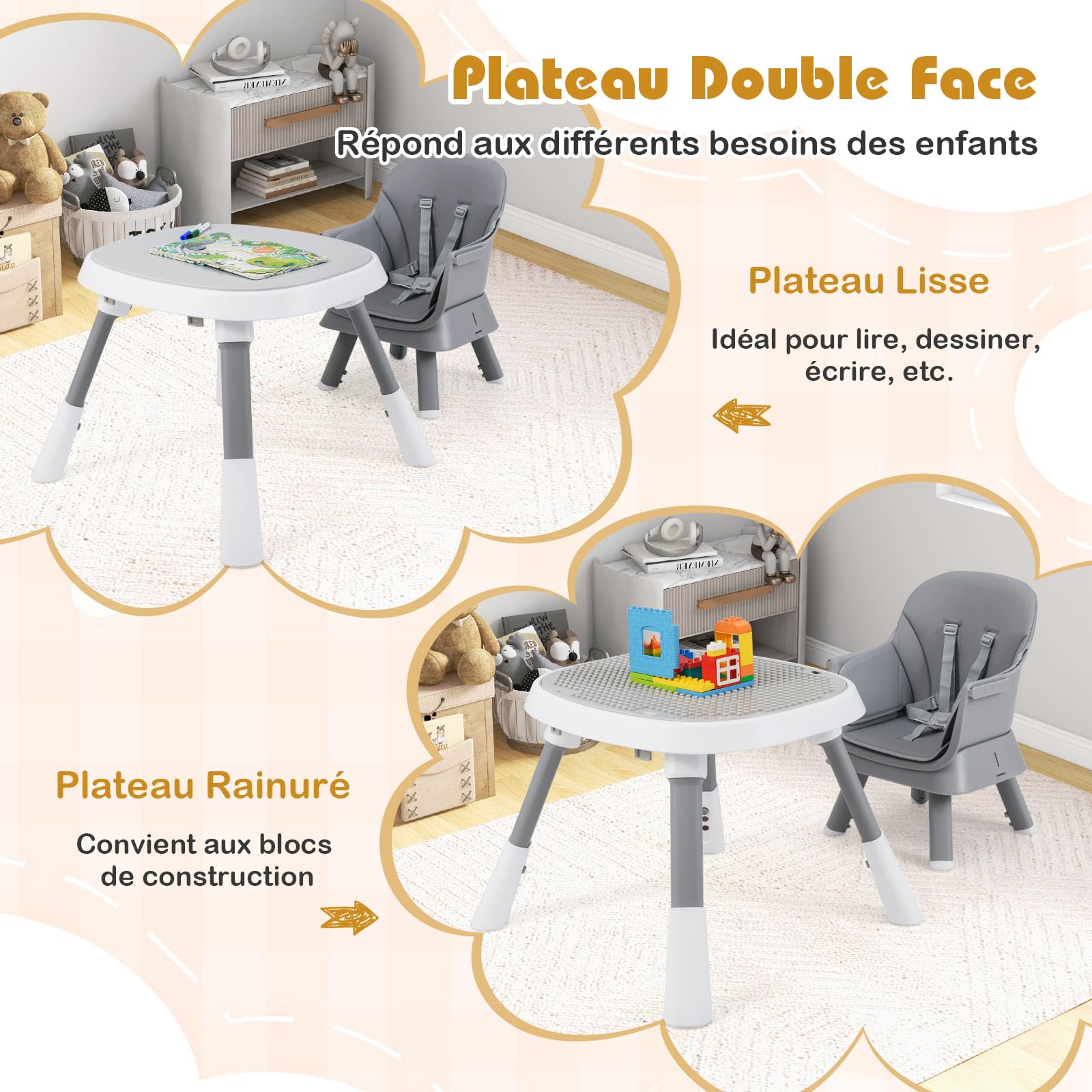 COSTWAY 16 en 1 Chaise Haute Bébé Evolutive, Plateau Réglable à 3 Niveaux, Table de Construction, Chaise Haute Bebe, Harnais à 5 Points, Siège Pivotant à 360°, 3 Jouets, pour 6-36 Mois (Gris)