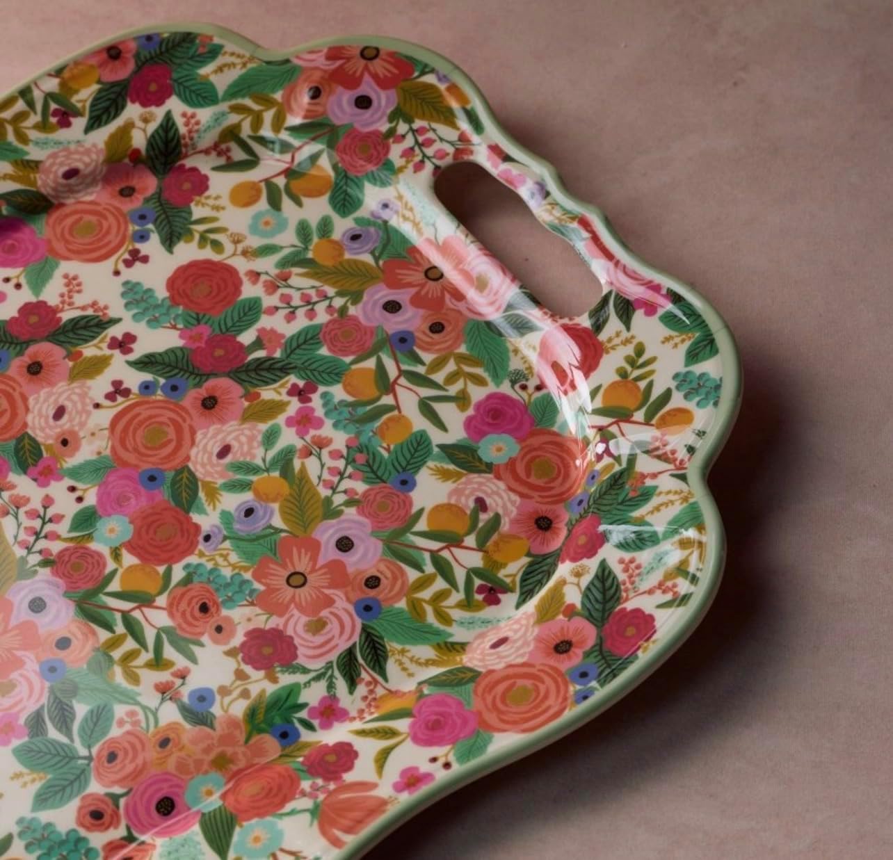 Floral Melamine Serving Tray with Handles, 14.5 x 20 x 0.75 Inch Large Decorative Food Serving Platter, Durable Lightweight Tray for Kitchen, Parties