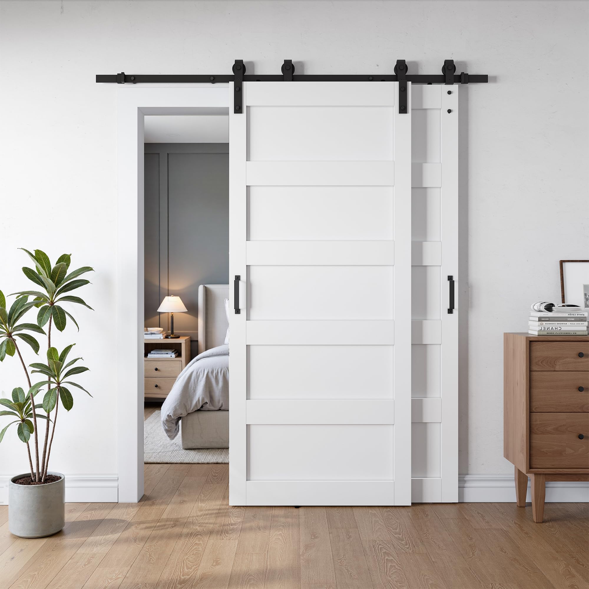 Photo 1 of ***ONE DOOR ONLY***SmartStandard 36x84 Inch White Double Barn Door Set – 5-Panel MDF Sliding Doors with 6FT Bypass Barn Door Hardware Kit, Space-Saving Design, Easy Installation (Pre-Drilled Holes)