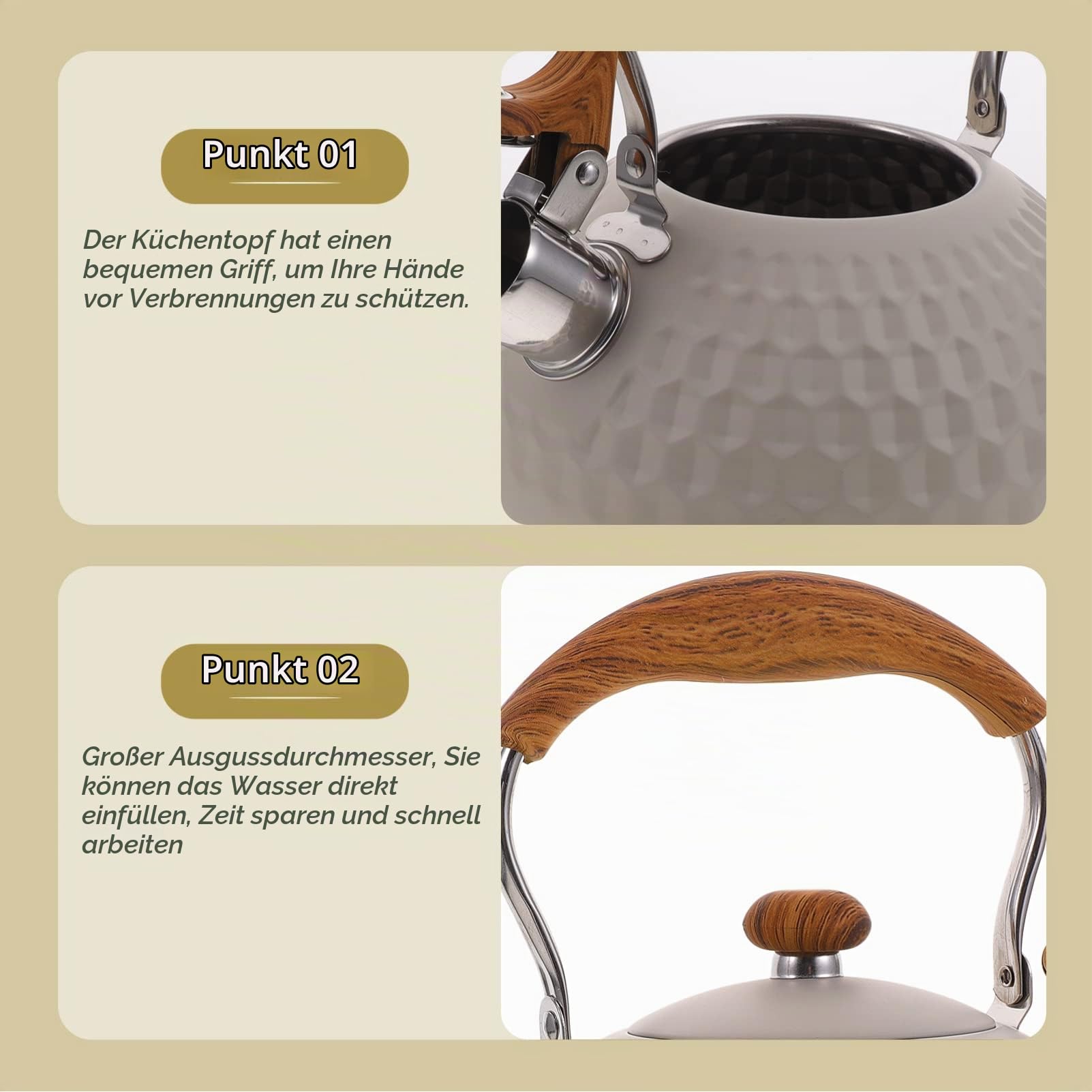 UPKOCH 2.5L Edelstahl Pfeifenkessel Wasserkessel Pfeifkessel Flötenkessel Teekessel Pfeife Wasserkocher mit Holz Pfeifton Griff Induktion Gasherd für Küche Camping Picknick Beige