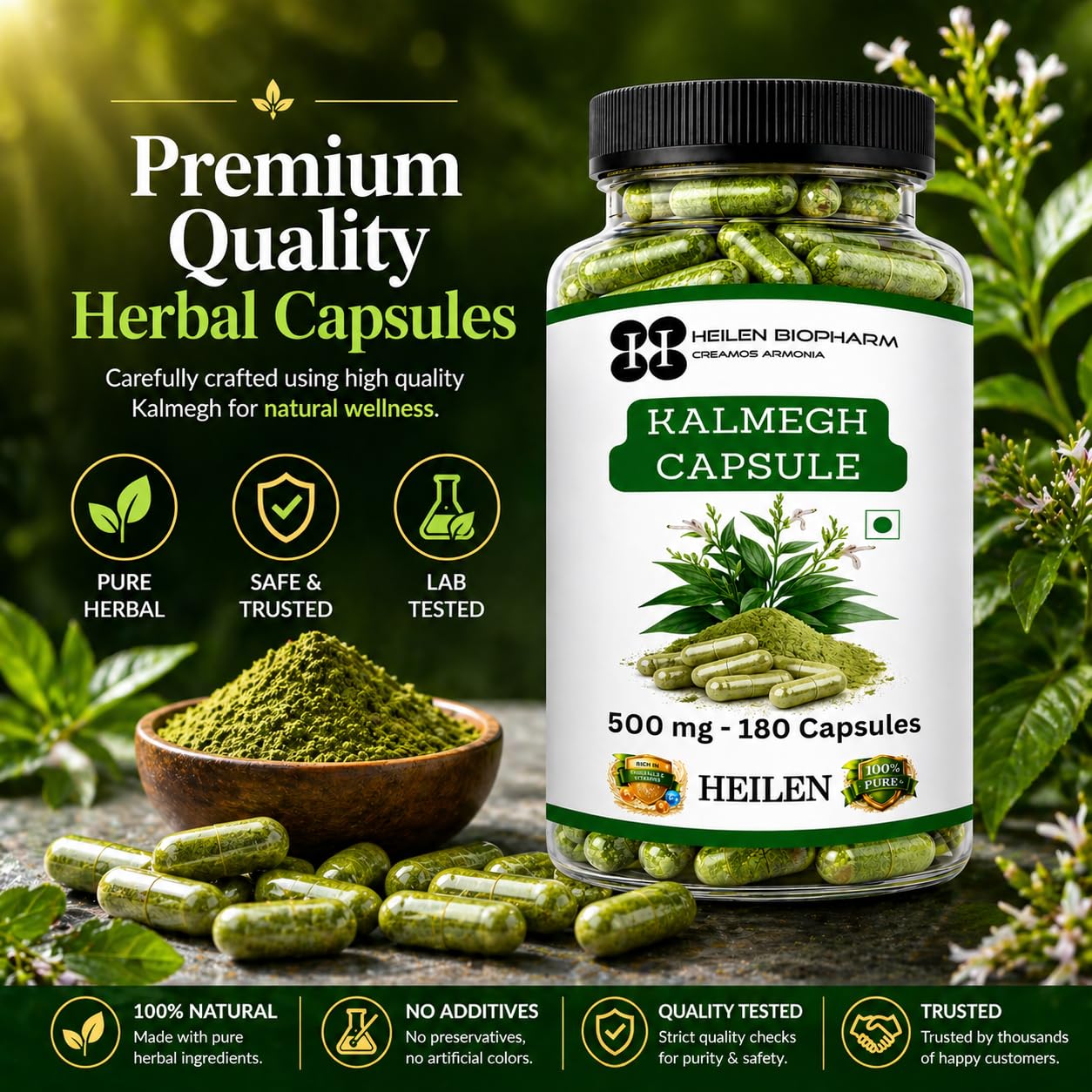 Heilen Biopharm Kalmegh Capsules 500mg (180 Capsules) | Kalmegh Herb (Andrographis paniculata) Ayurvedic Supplement | Supports Liver Wellness & Immunity | Vegetarian Capsules — Amazon image 5