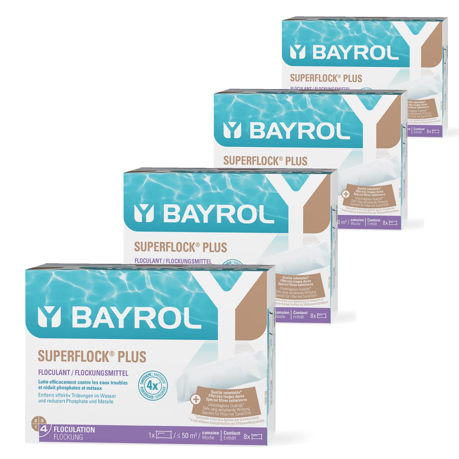 BAYROL Superflock Plus 4 x 1 kg – Floculant piscine pour filtre à sable/verre filtrant – Cartouche de floculation piscine – Rend l'eau claire comme du cristal